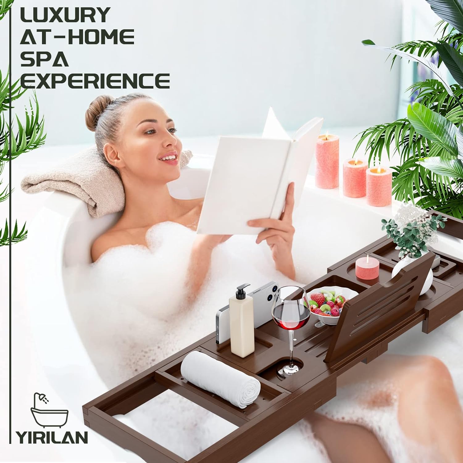 Yirilan Premium Bathtub Tray Caddy - Expandable Bath Tray - Unique House Warming Gifts, New Home, Anniversary & Wedding Gifts for Couple, Bridal Shower Gift for Women