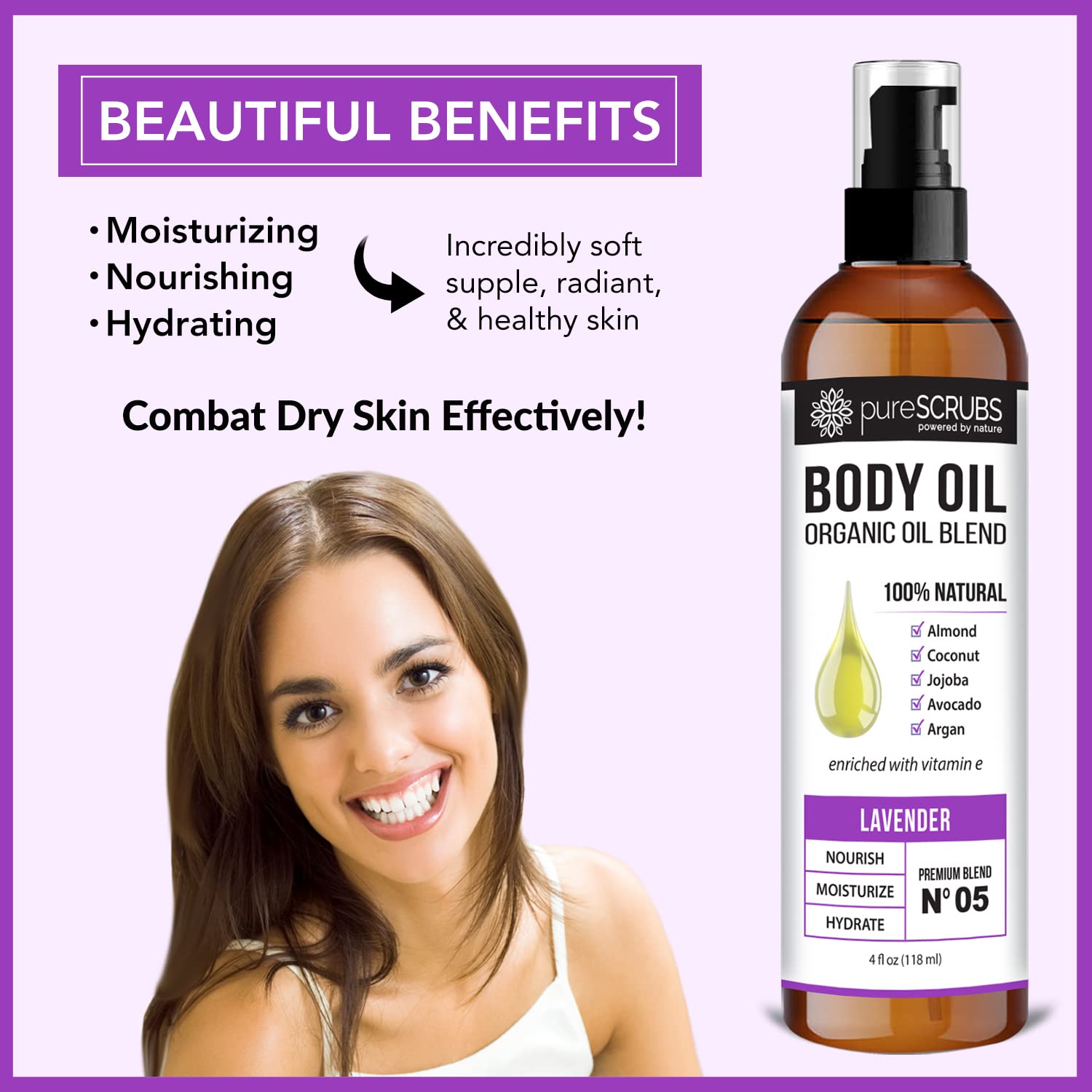 pureSCRUBS Ultra Moisturizing SANDALWOOD BODY OIL Spray For Dry Skin, Massage, Cuticles & More, Organic Blend of Jojoba, Argan, Coconut, Sweet Almond & Avocado Oils Enriched with Vitamin E - Lg 4oz