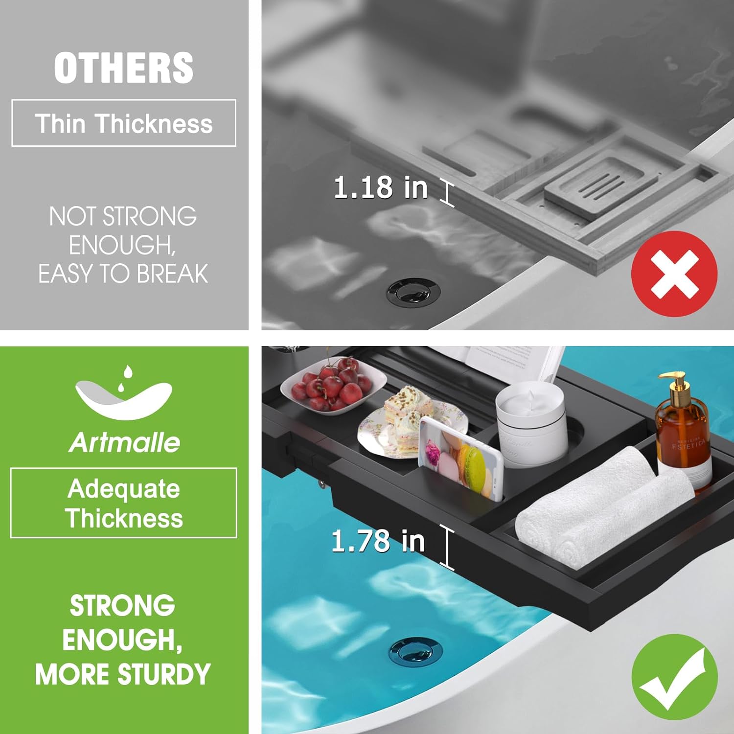 Artmalle Bathtub Caddy Tray for Tub,Foldable Bamboo Bath Table Tray with Book and Wine Glass Holder, Expandable Bathroom Accessories with Free Soap Dish Suitable for Luxury Spa or Reading