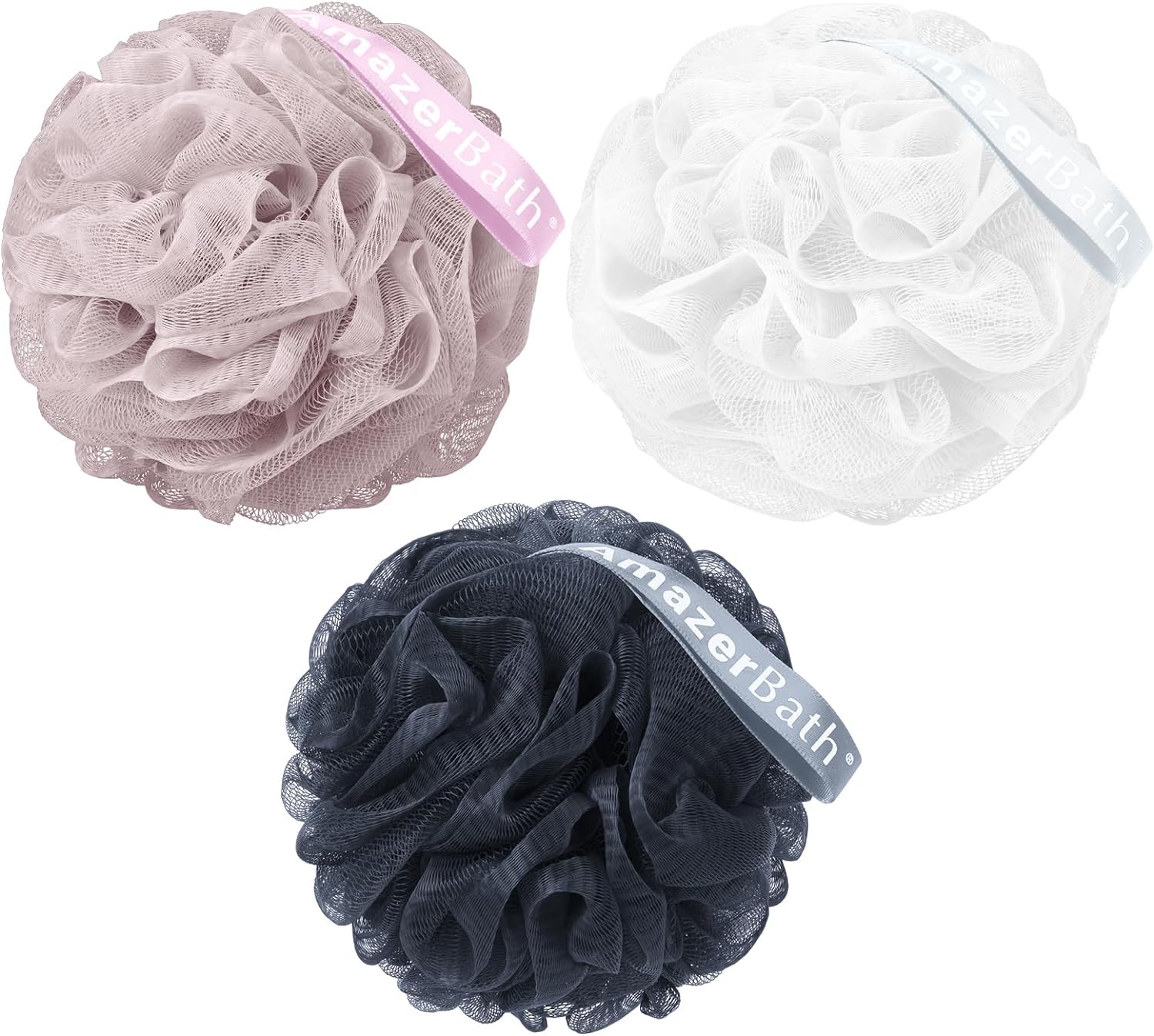 AmazerBath Loofah Sponge, Shower Loofah for Men and Women - Body Scrubber Loofa Set of 3 Classic Black & White Edge, Bath Sponge 60g/PCS