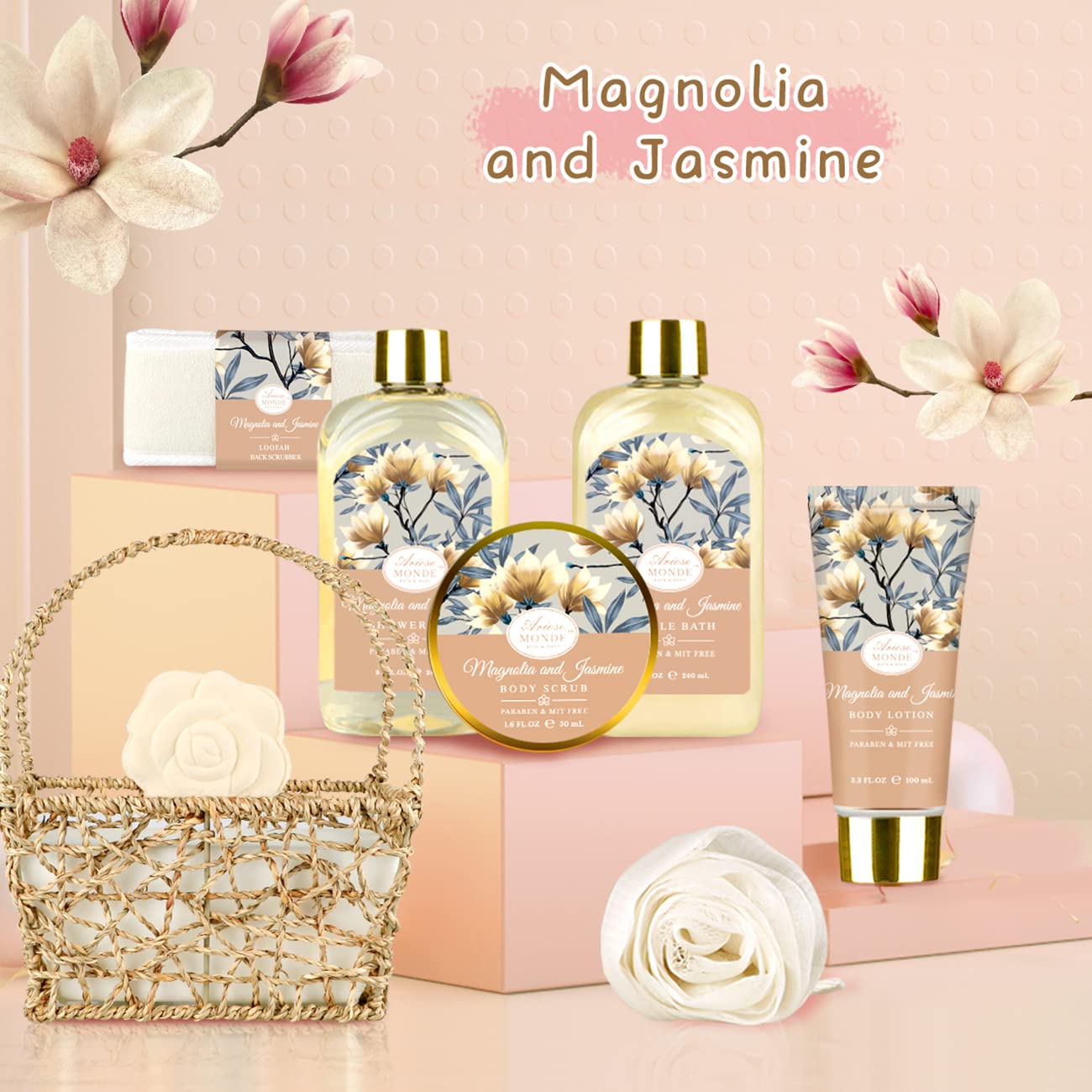 Home Spa Gift Basket, Bath Spa Kit for Women, with Body Lotion, Shower Gel, Bubble Bath, Body Scrub, Bath Salt, Bath Bomb, Bath Gift Set for Mother, Wife Her, with Magnolia and Jasmine Scent