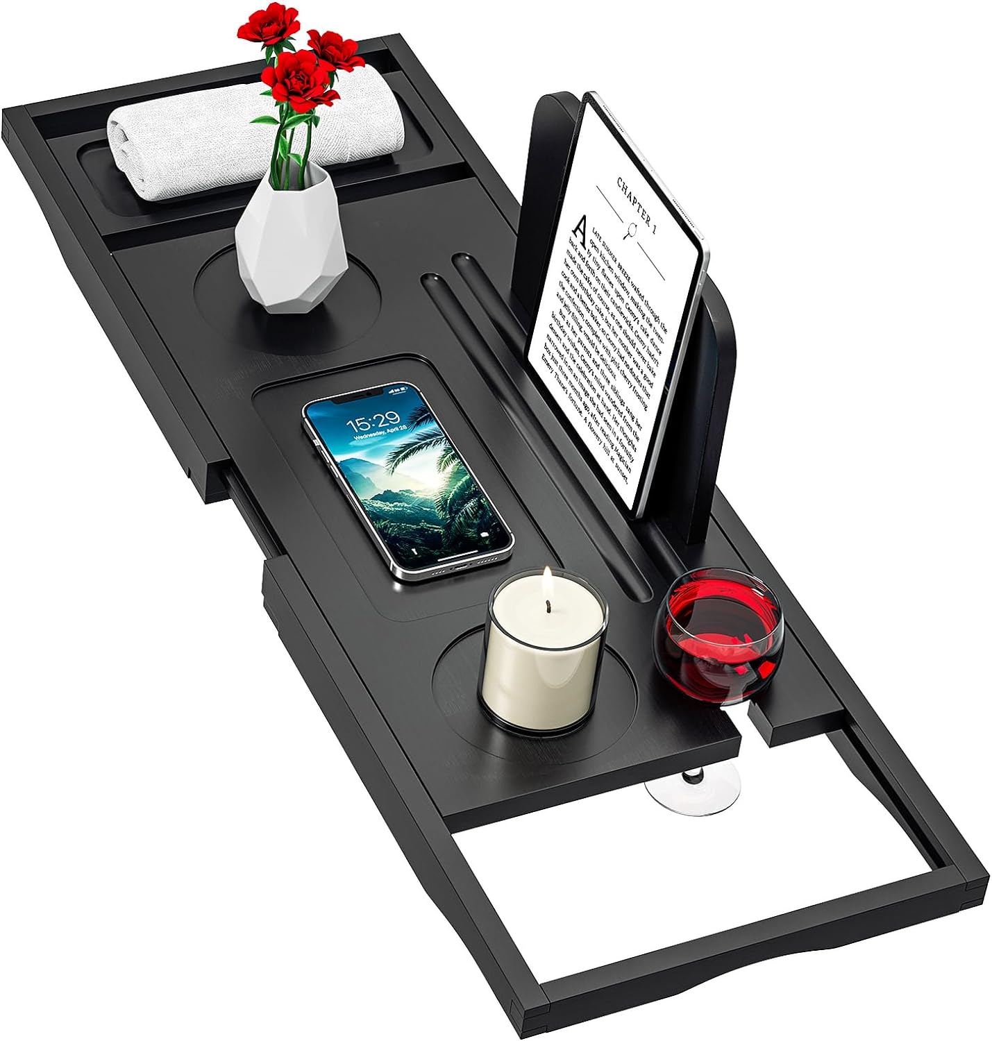 Premium Bathtub Tray Caddy - Bath Tray Bamboo Expandable - Bath Tub Tray Table for Bathtub - Expandable Size, Fits Most Bath Tubs