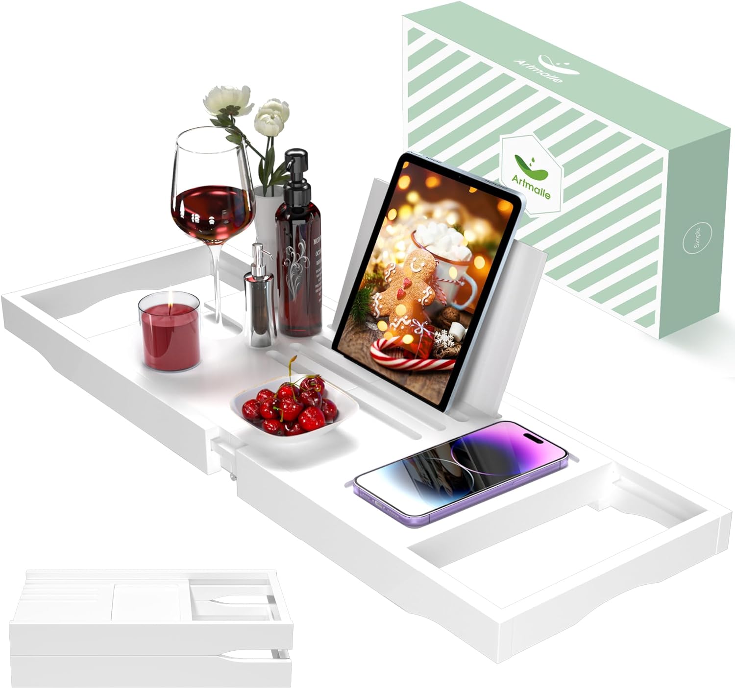 Artmalle Bathtub Caddy Tray for Tub,Foldable Bamboo Bath Table Tray with Book and Wine Glass Holder, Expandable Bathroom Accessories with Free Soap Dish Suitable for Luxury Spa or Reading