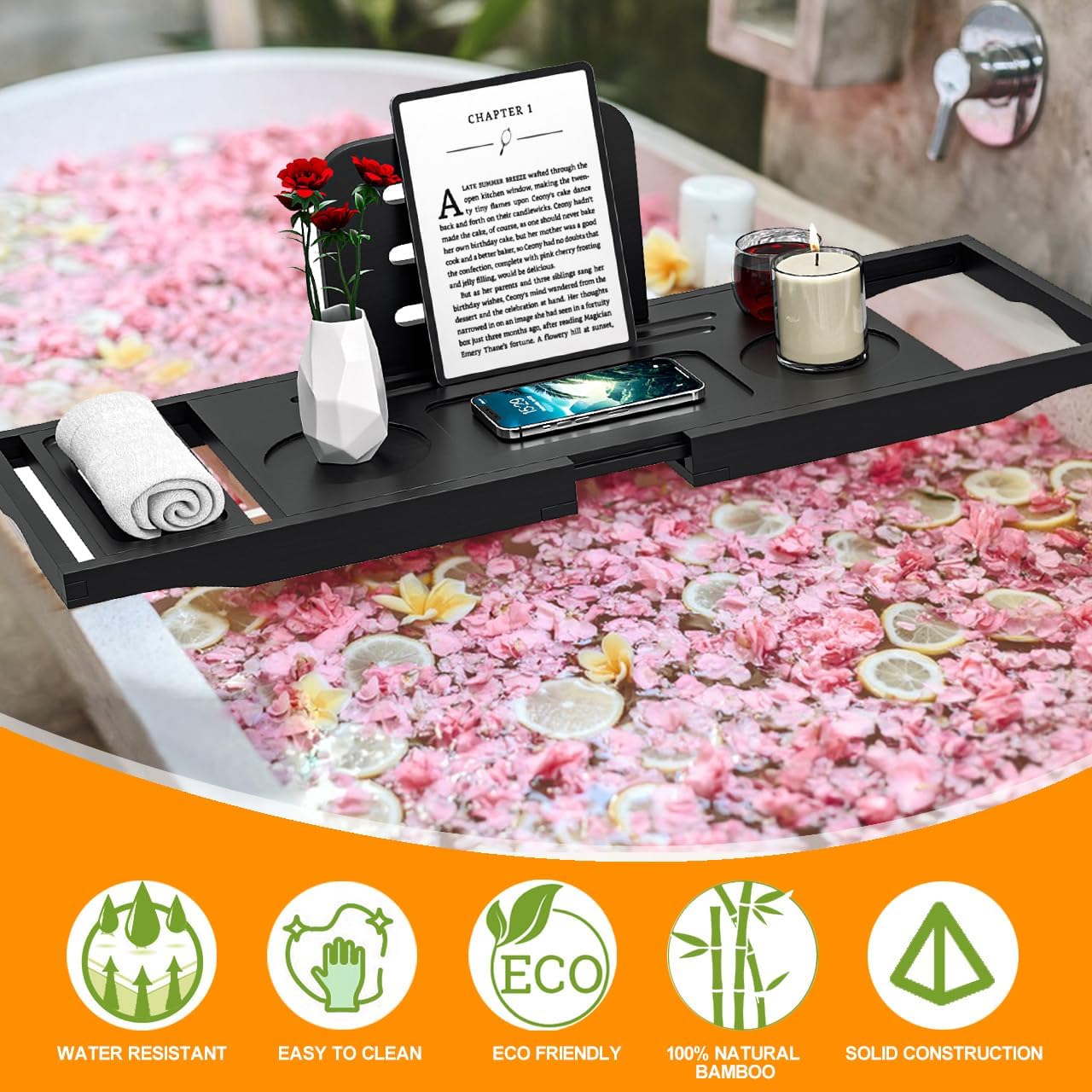 Premium Bathtub Tray Caddy - Bath Tray Bamboo Expandable - Bath Tub Tray Table for Bathtub - Expandable Size, Fits Most Bath Tubs