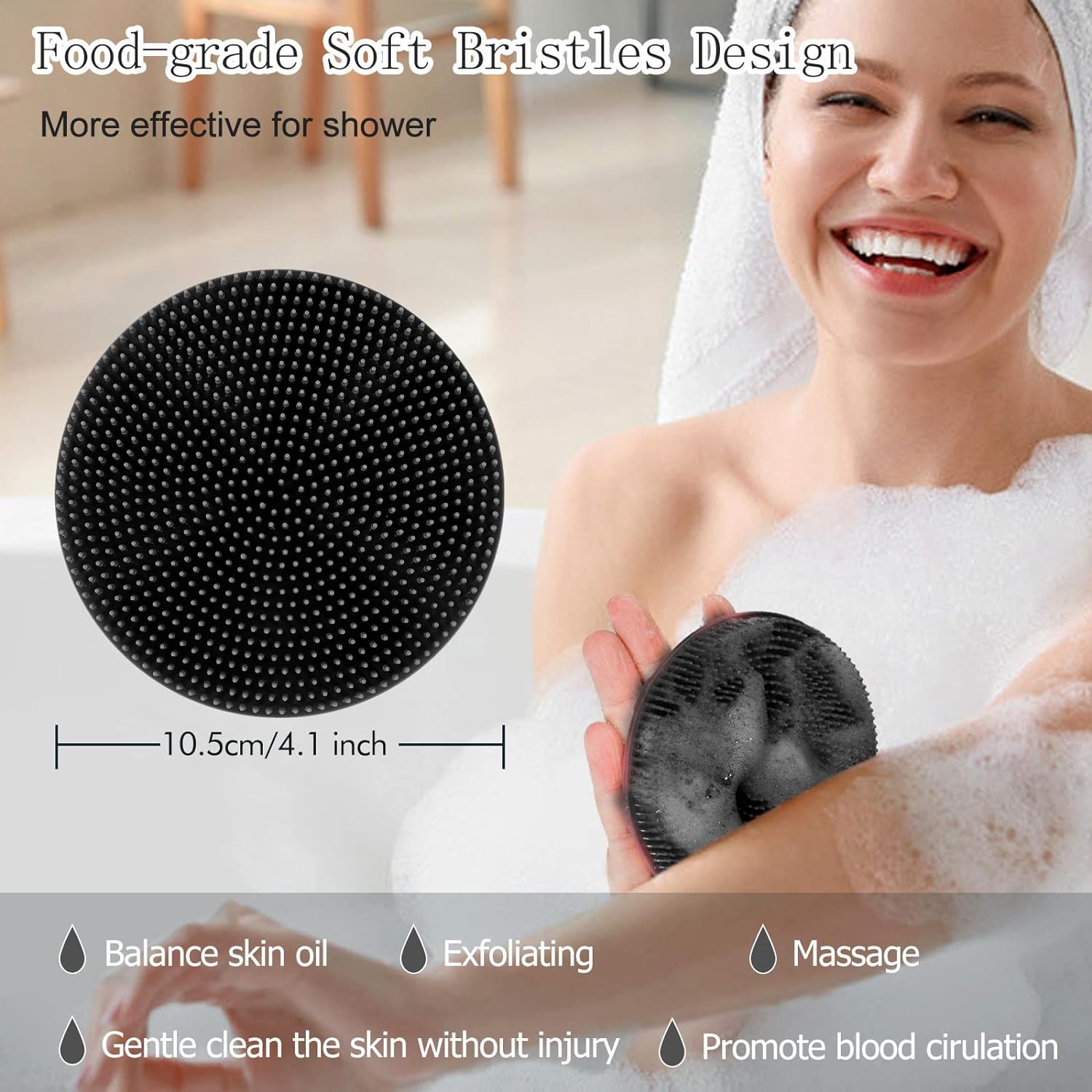 INNERNEED Food-Grade Soft Silicone Body Scrubber Shower Brush Handheld Cleansing Skin Brush, Gentle Exfoliating and Lather Well (Black)