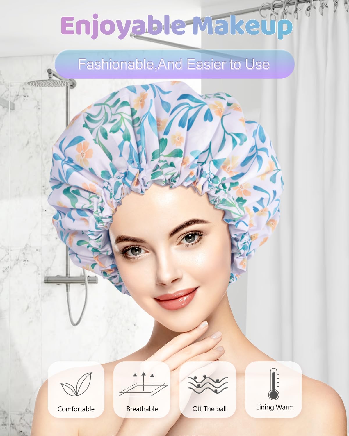 Aquior Shower Caps, Double Layer Waterproof Shower Cap for Women, Reusable Large Shower Cap for all Hair Lengths with EVA Lining, Soft Bath Shower Caps