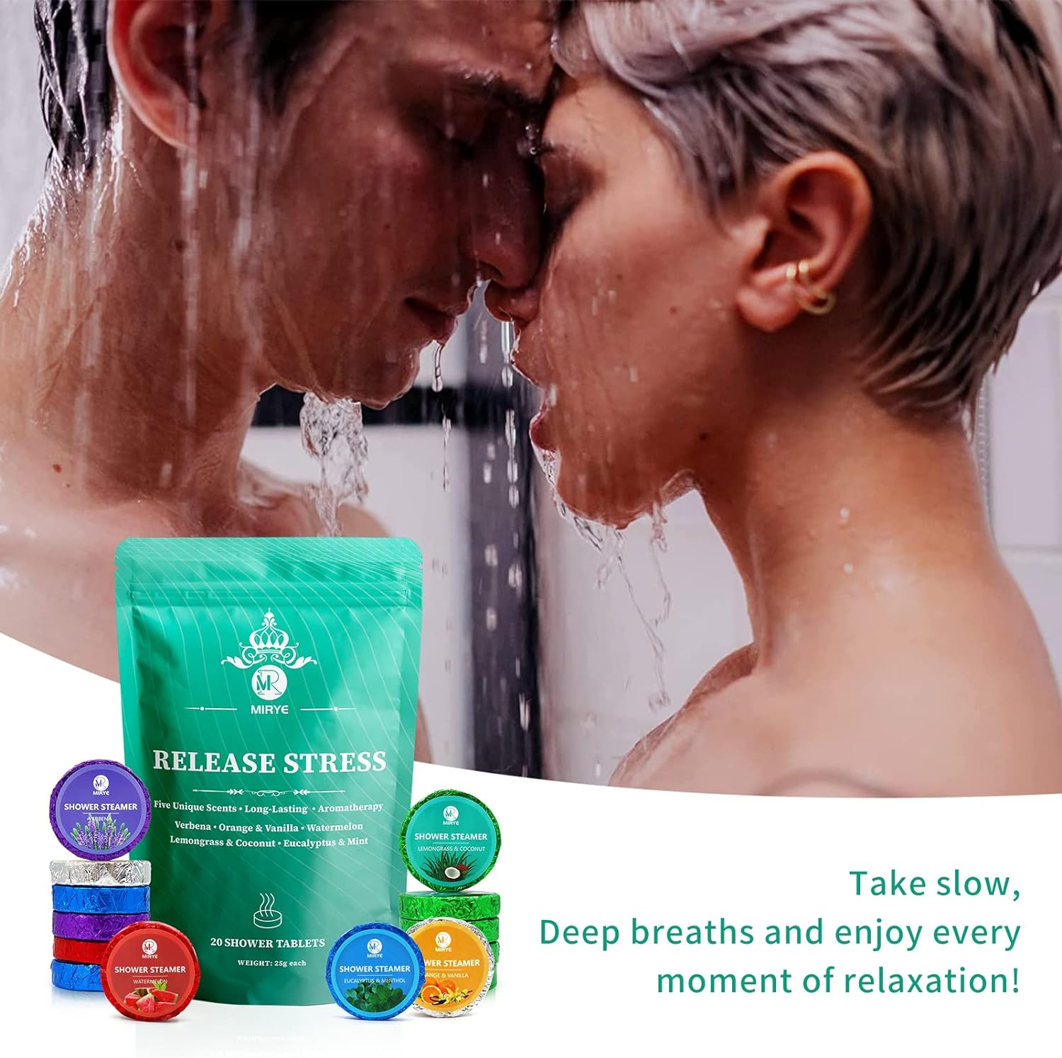 MR MIRYE Shower Steamers Aromatherapy, 20-Pack Shower Bombs Organic with Verbena, Orange&Vanilla, Watermelon, Lemongrass&Coconut, Eucalyptus&Mint Essential Oil, Birthday Mothers Day Gifts for Her