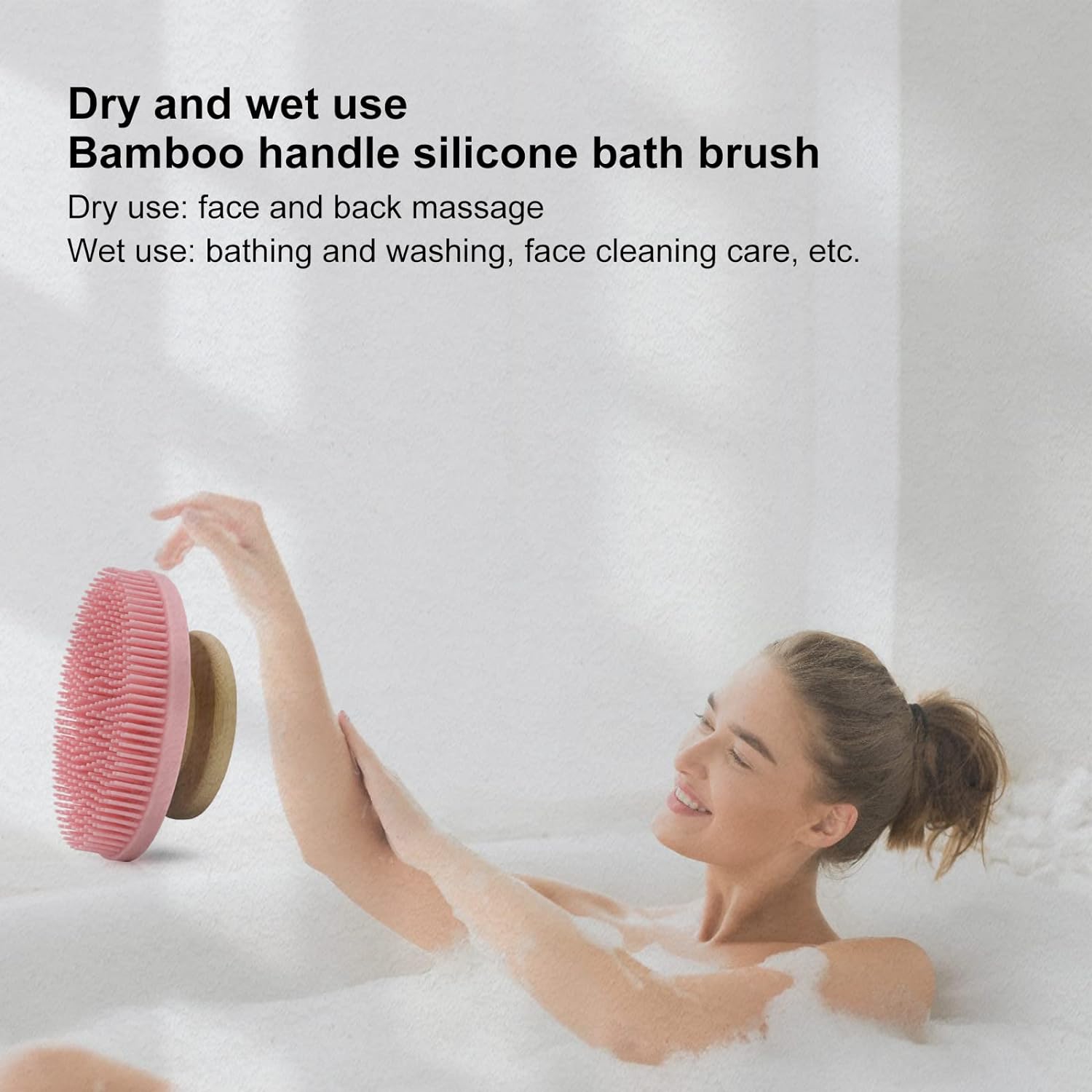 Ozner Food-Grade Soft Silicone Body Scrubber Shower Brush, Cleans and Removes Dead Skin - Foam-Rich Brush, Non-Slip Bamboo Handle Silicone Loofah, Durable and Easy to Clean, 1pc (Pink)