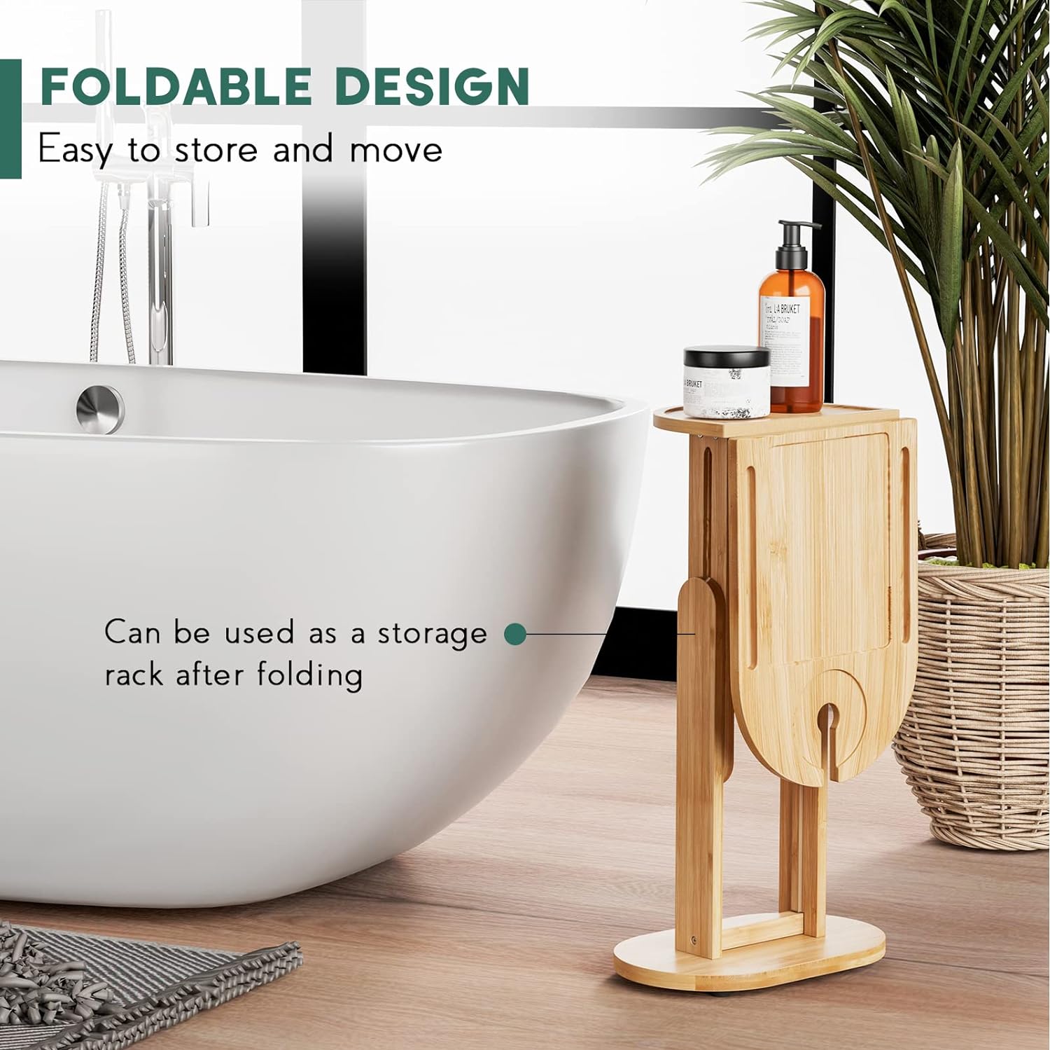 Yumkfoi Foldable Bathtub Side Tray with Adjustable Height, Bamboo Bath Table for Tubs Against Wall, Liftable Tub Caddy Shelf for Luxury Bath Spa and Gift Idea - Patent Protected (Non Freestanding)