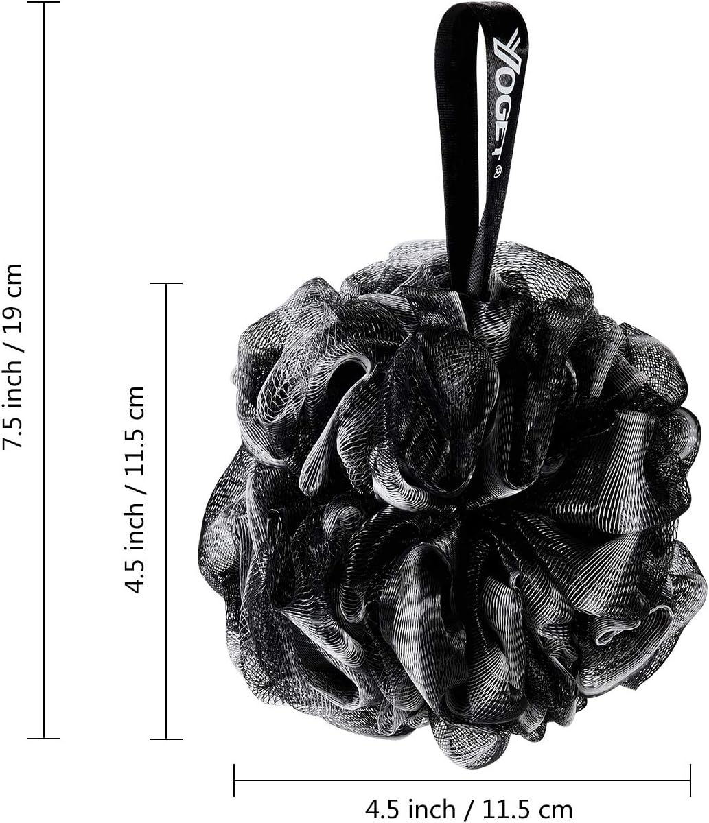 Yoget Charcoal Bath Loofah Sponge, 4 Pack Black 60G Large Shower Mesh Ball Soft Pouf Body Scrubber, Exfoliate, Cleanse, Soothe Skin, Black Loofah with White Trim
