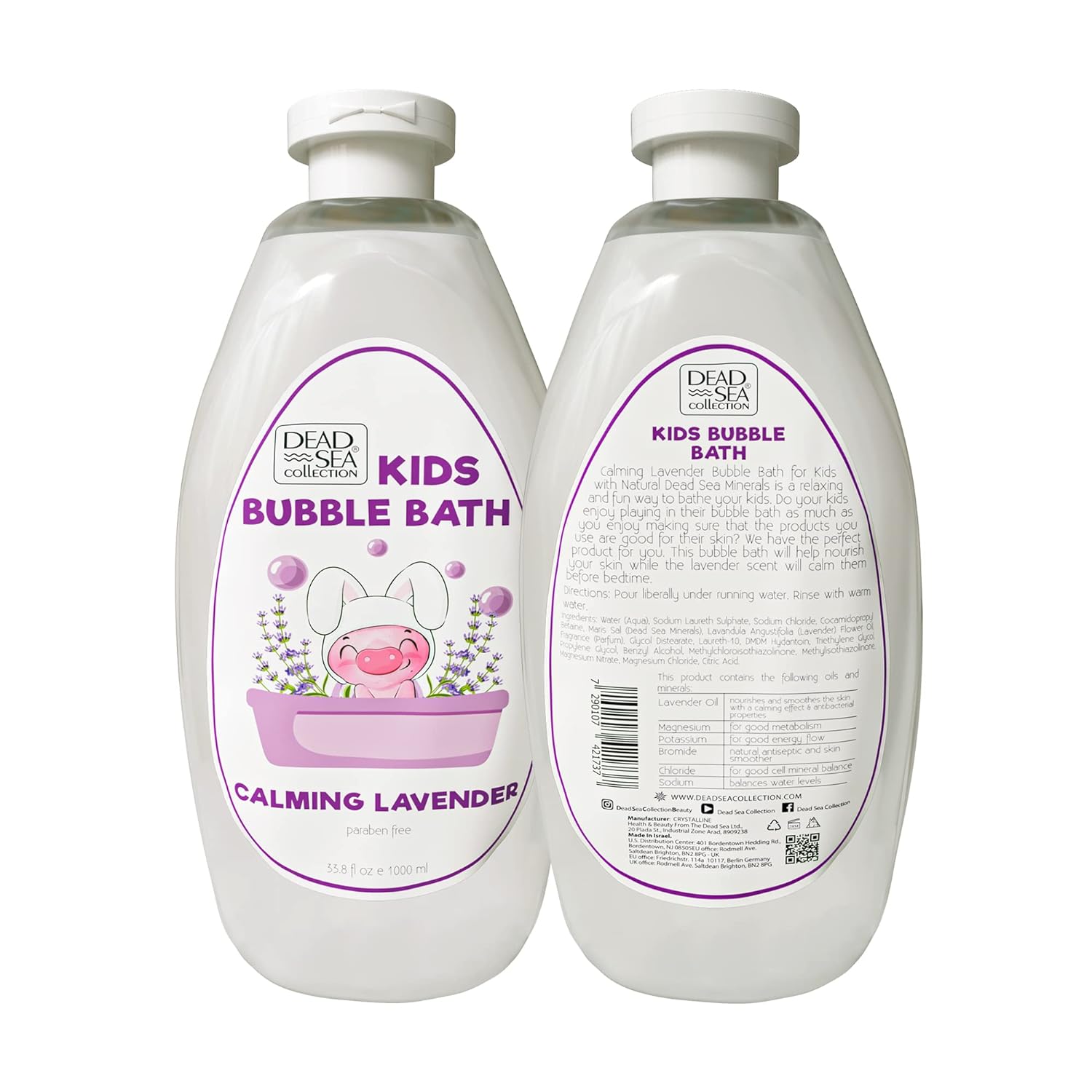Dead Sea Collection Bubble Bath Kids with Calming Lavender Scent - Cleansing and Moisturizing Kids Bubble Bath - with Natural Dead Sea Minerals - Pack of 2 Large Bottle (33,8 fl oz Each)