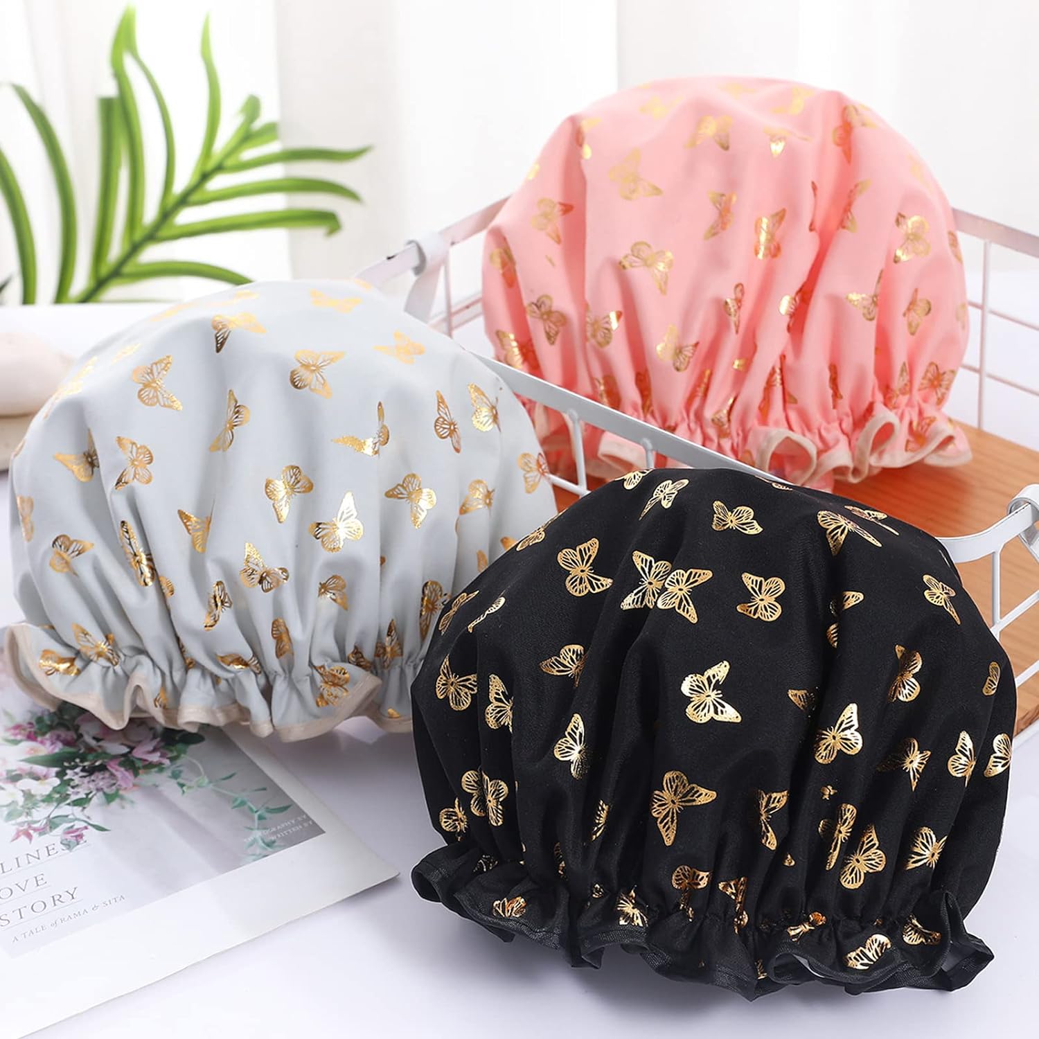 Qeuly 2 Pack Waterproof Shower Cap, Reusable Shower Cap for Women, Elastic Bathing Shower Hat Double Layers Bathing Hair Cap PEVA Lined Shower Hair Bath Cap (Pink)