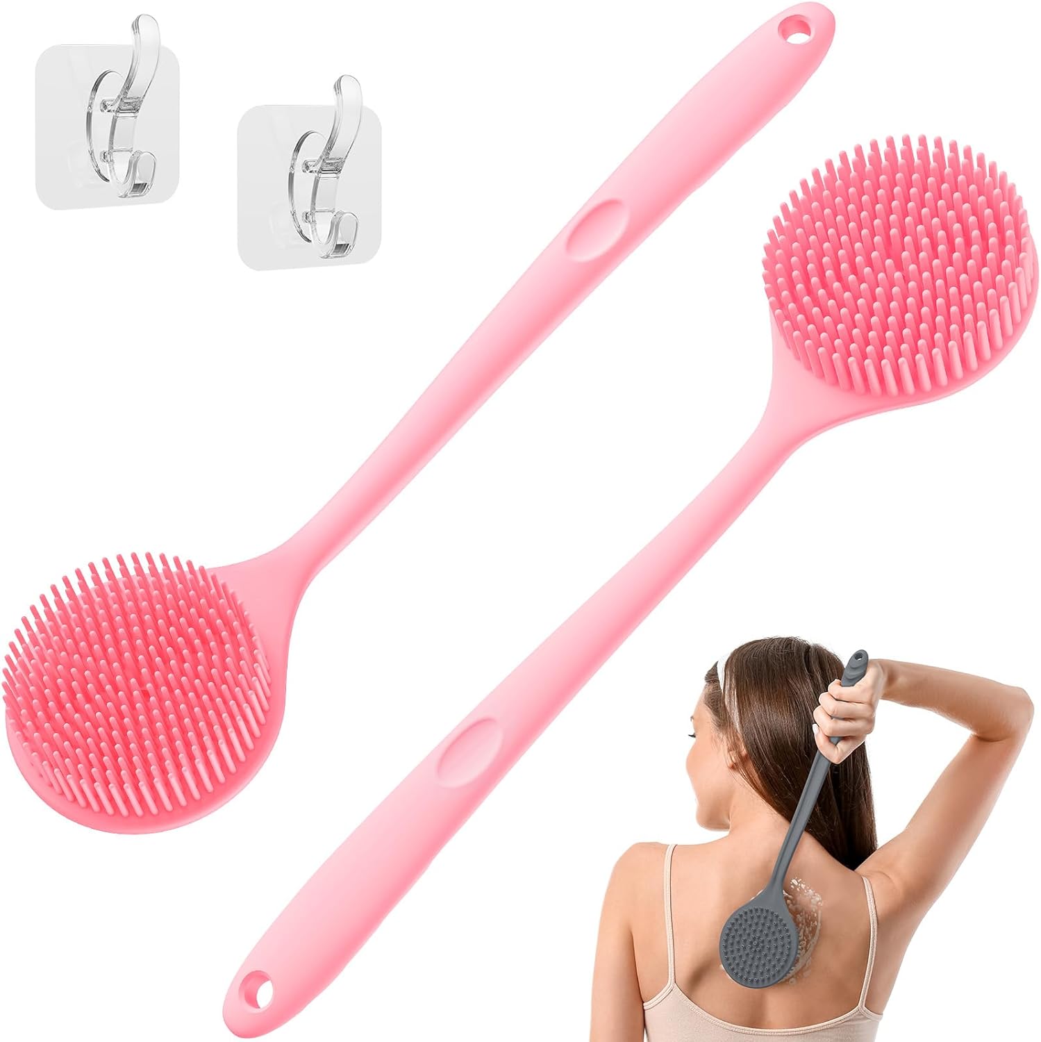 Manmihealth Silicone Back Scrubber(Thick Bristles) & Soft Bath Glove Set, Super-Exfoliating Body Scrubber & Super-Lathering Shower Brush Combination, with a Free Hook.(Black)