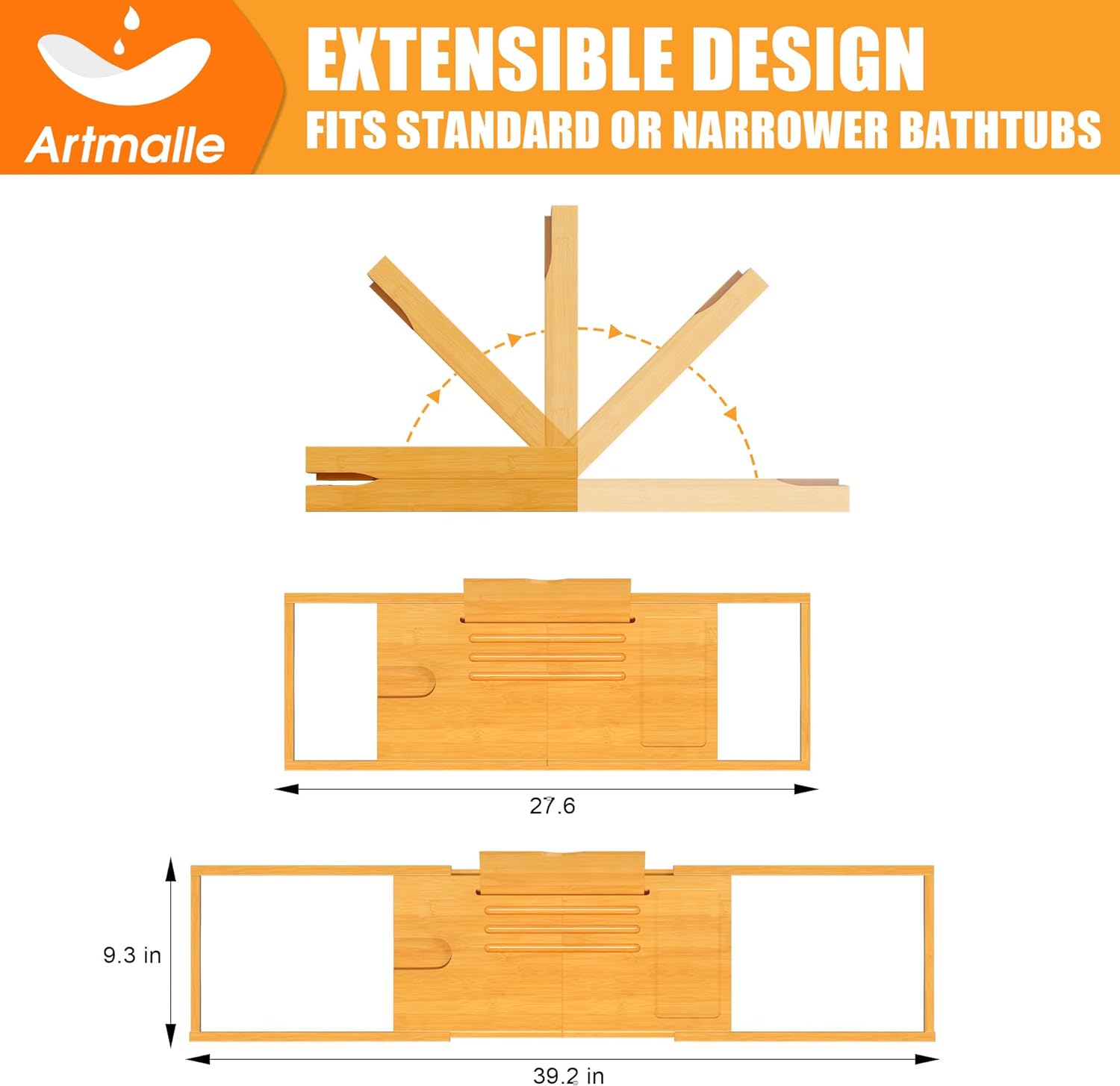 Artmalle Bathtub Caddy Tray for Tub,Foldable Bamboo Bath Table Tray with Book and Wine Glass Holder, Expandable Bathroom Accessories with Free Soap Dish Suitable for Luxury Spa or Reading