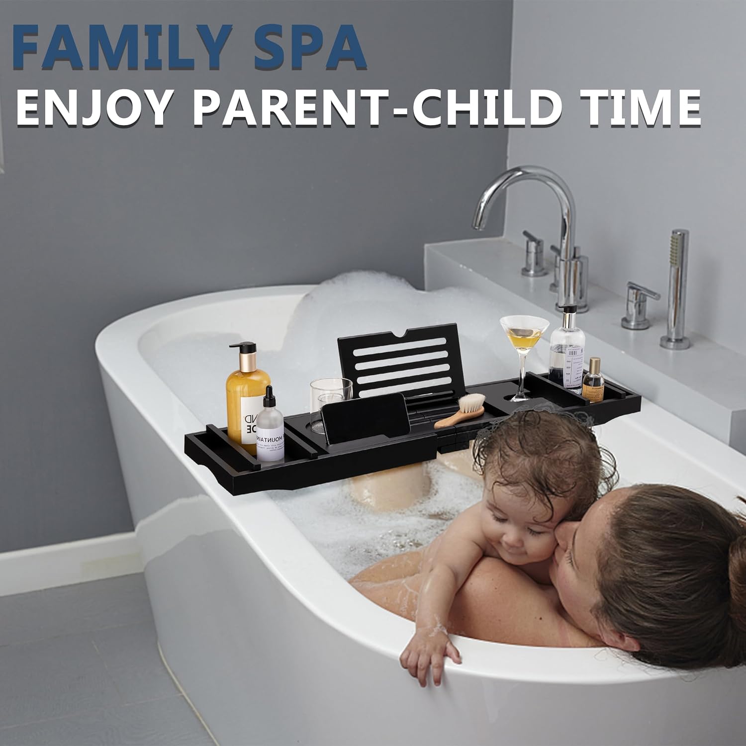 HBlife Bathtub Caddy Tray Foldable Bamboo Bath Table Tray with Book and Wine Glass Holder, Expandable Bathroom Accessories