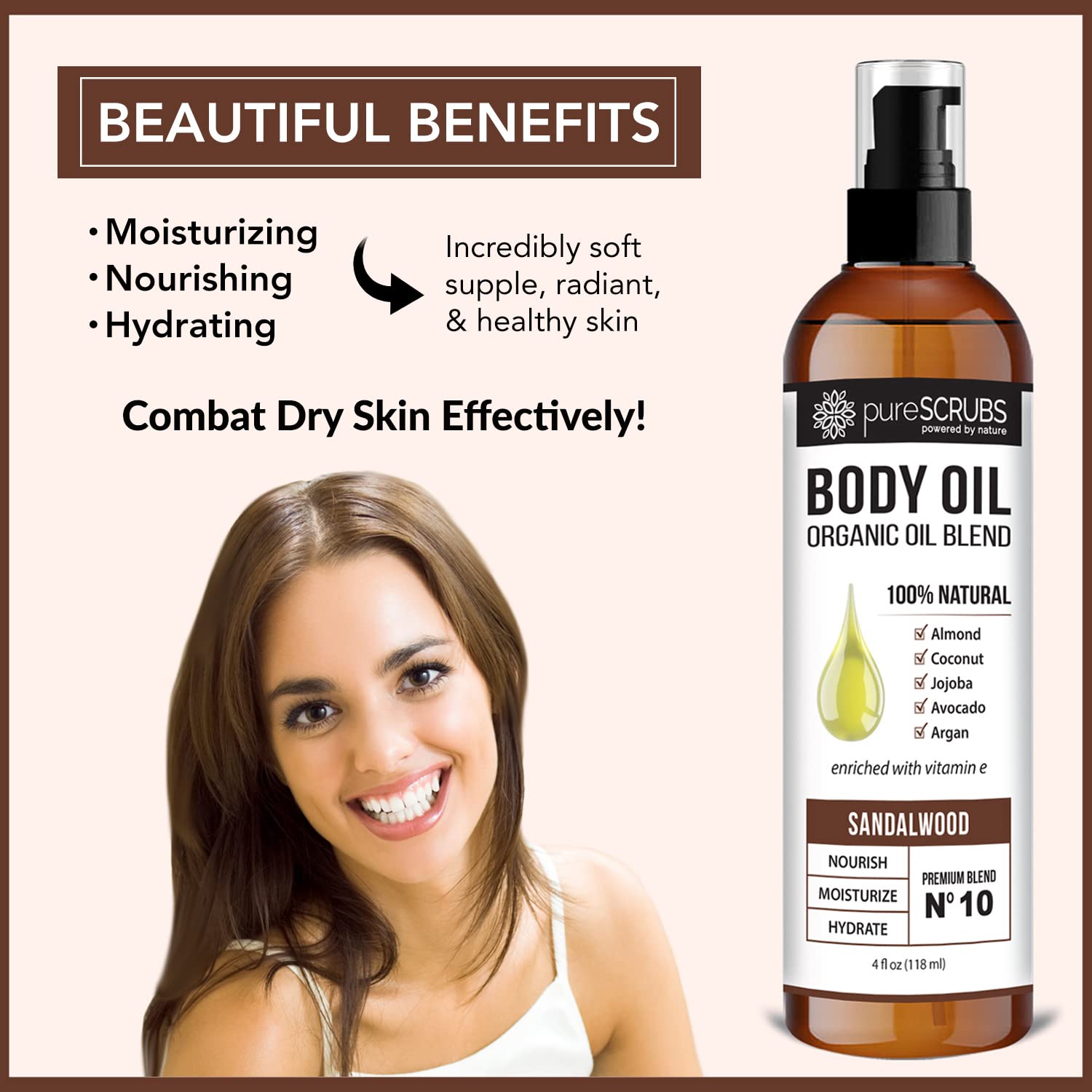 pureSCRUBS Ultra Moisturizing SANDALWOOD BODY OIL Spray For Dry Skin, Massage, Cuticles & More, Organic Blend of Jojoba, Argan, Coconut, Sweet Almond & Avocado Oils Enriched with Vitamin E - Lg 4oz