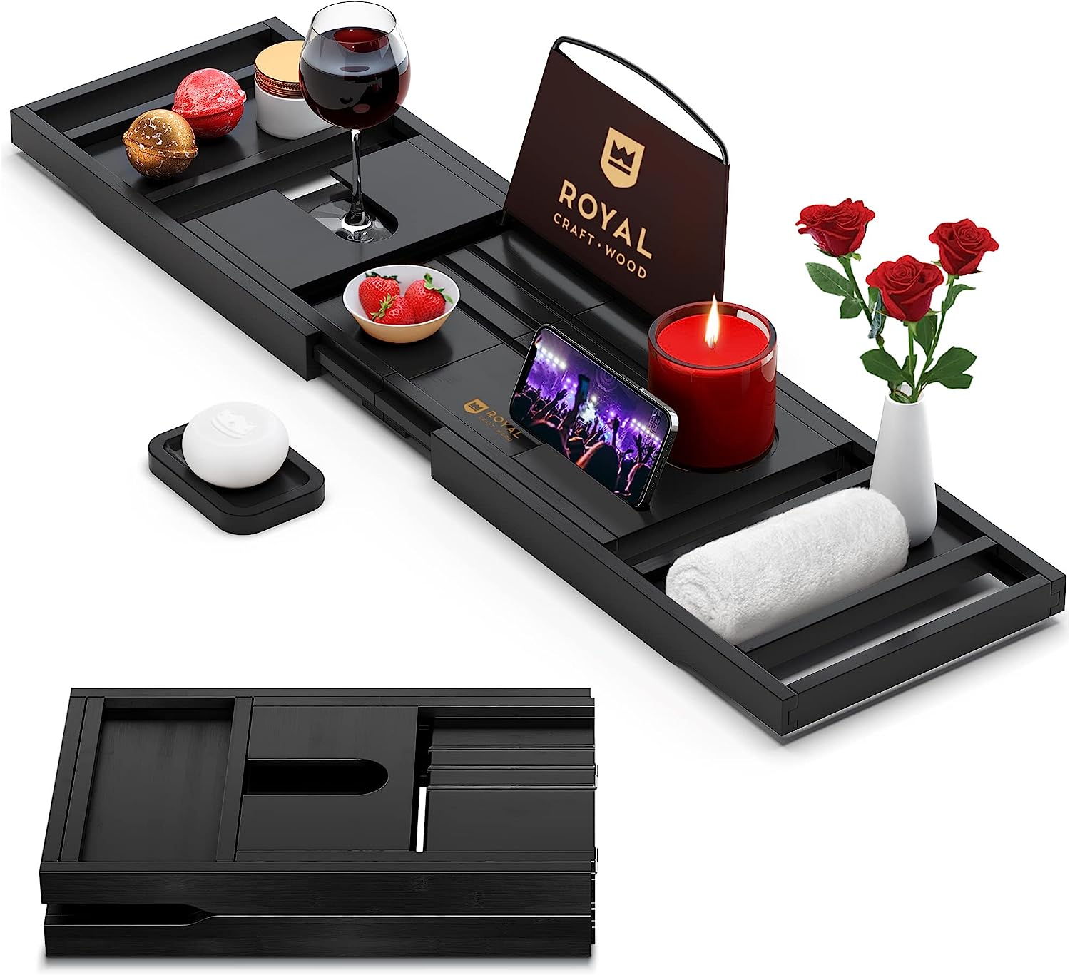 ROYAL CRAFT WOOD Foldable Bathtub Tray Caddy Bamboo Bathtub Tray Expandable, Bath Tub Table Caddy with Extending Sides - Free Soap Dish