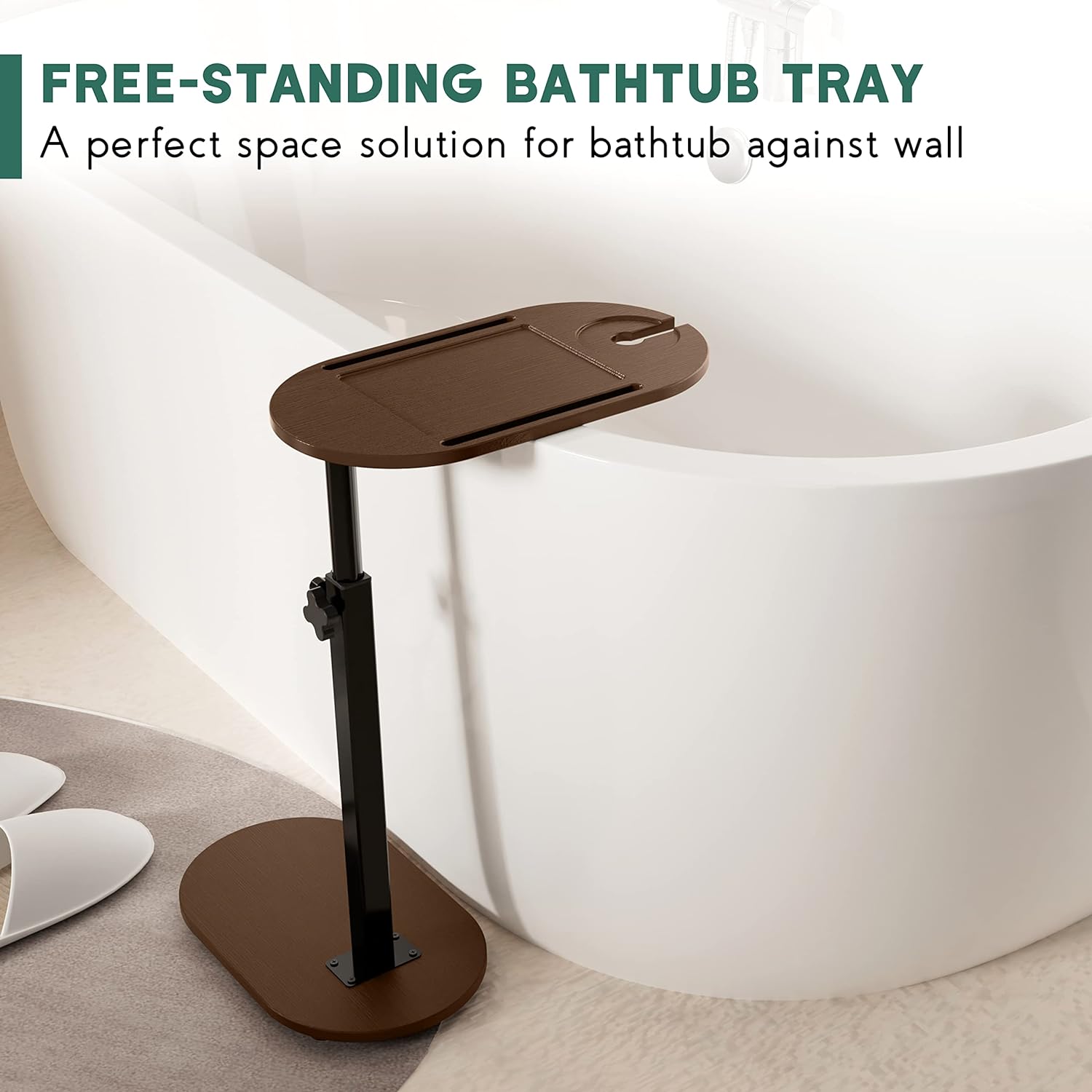 Yumkfoi Bamboo Bathtub Tray Table with Adjustable Height, Freestanding Bathtub Caddy for Tub Against Wall, Tub Organizer Suitable for Luxury Spa and House Warming Gift - Patent Protected (Black)