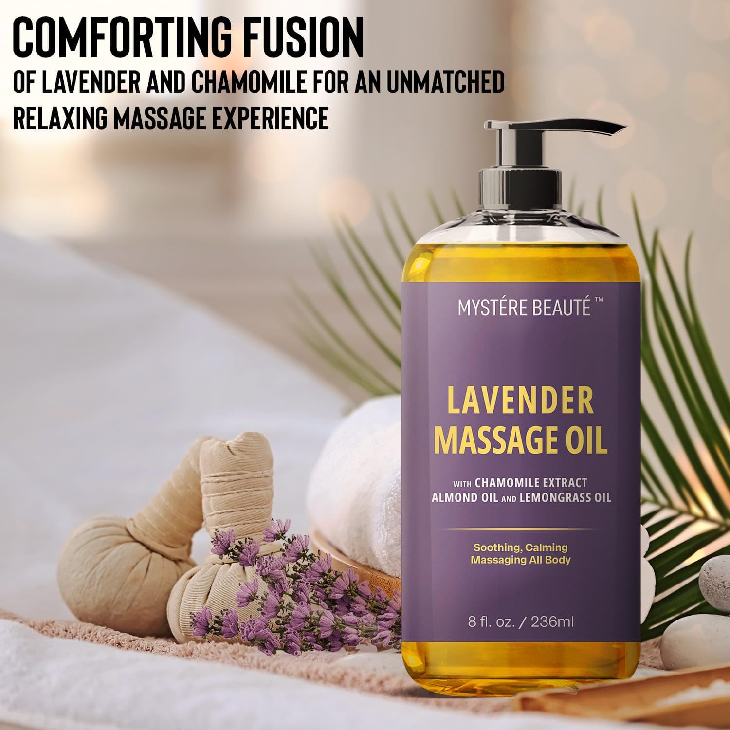 MYSTÉRE BEAUTÉ Sore Muscle Massage Oil for Massage Therapy with Arnica - Relaxing, Warming, Eases Muscle Soreness & Stiffness - Moisturizes Skin - Premium-Quality - 8 fl oz