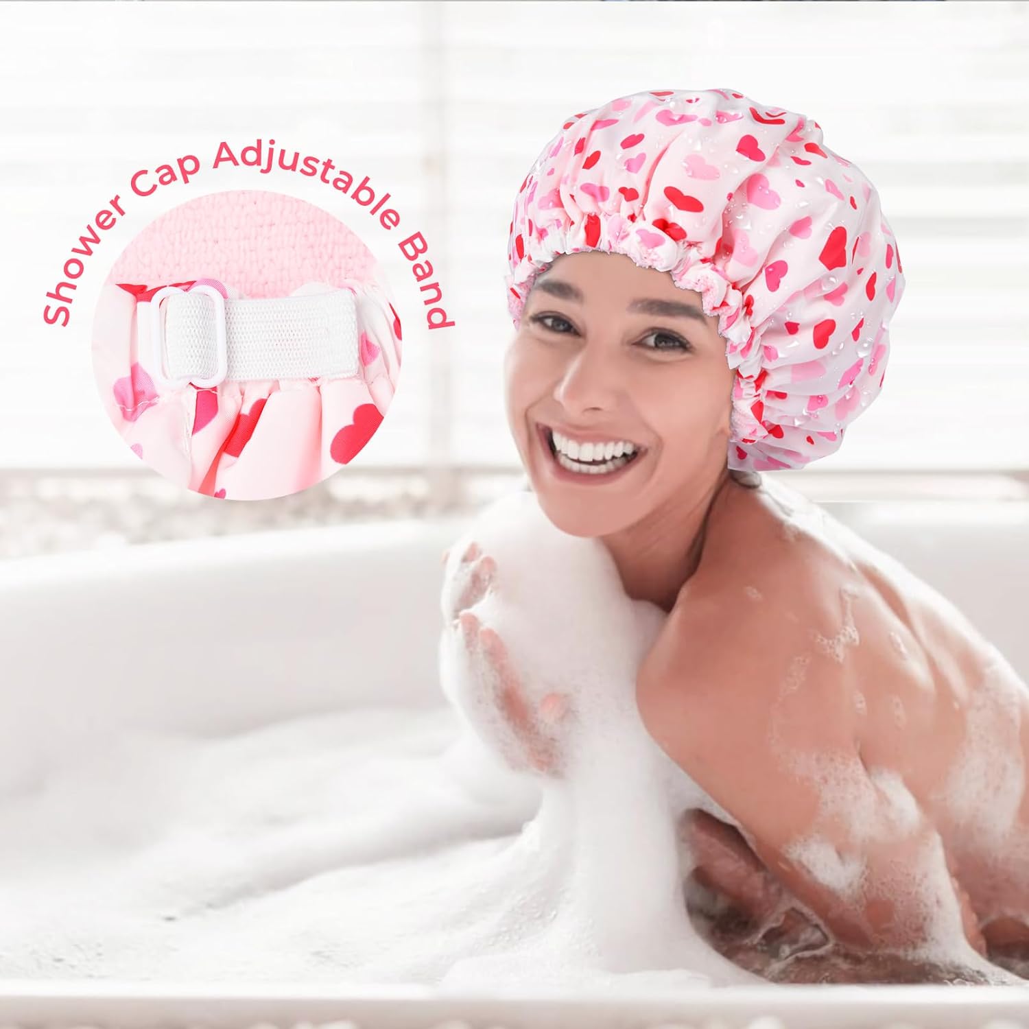 Shower Cap for Women Terry Lined Bath Cap Large Reusable Waterproof Elastic Band Pink Shower Caps for Long Thick Hair Soft Bath Shower Hair Caps