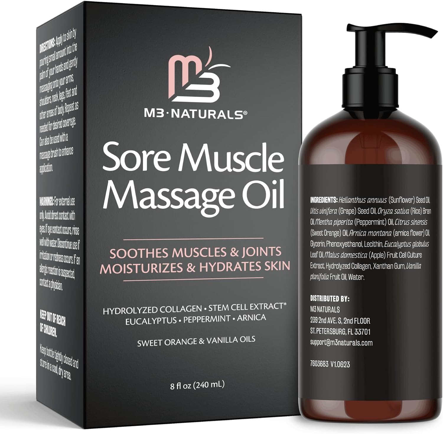 Anti Cellulite Massage Oil and Sore Muscle Body Oil | Massage Oil for Massage Therapy | Collagen and Stem Cell Skin Tightening Cellulite Cream and Massage Lotion for Women 8 Fl Oz by M3 Naturals