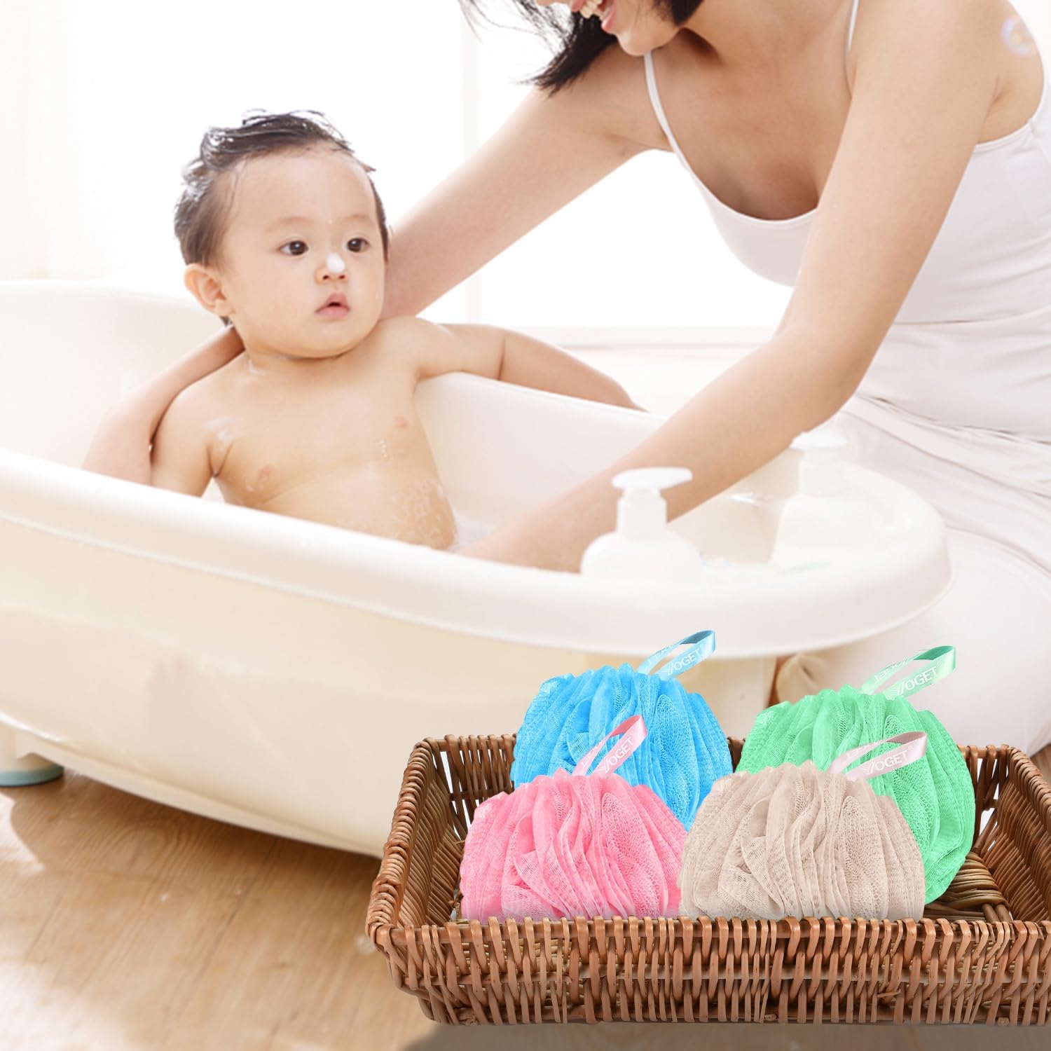 Yoget Charcoal Bath Loofah Sponge, 4 Pack Black 60G Large Shower Mesh Ball Soft Pouf Body Scrubber, Exfoliate, Cleanse, Soothe Skin, Black Loofah with White Trim