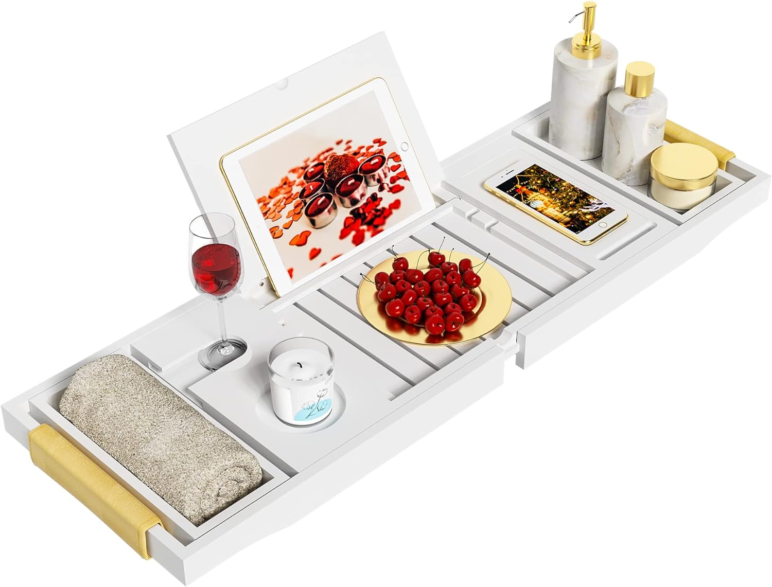 Bathtub Tray Luxury Bathtub Caddy, Expandable Bath Tray with Leather Grip, Adjustable 1 or 2 Person Bath Table Bed Tray with Slots for book Phone holder, Bamboo Bathroom Organizer & Accessories, White