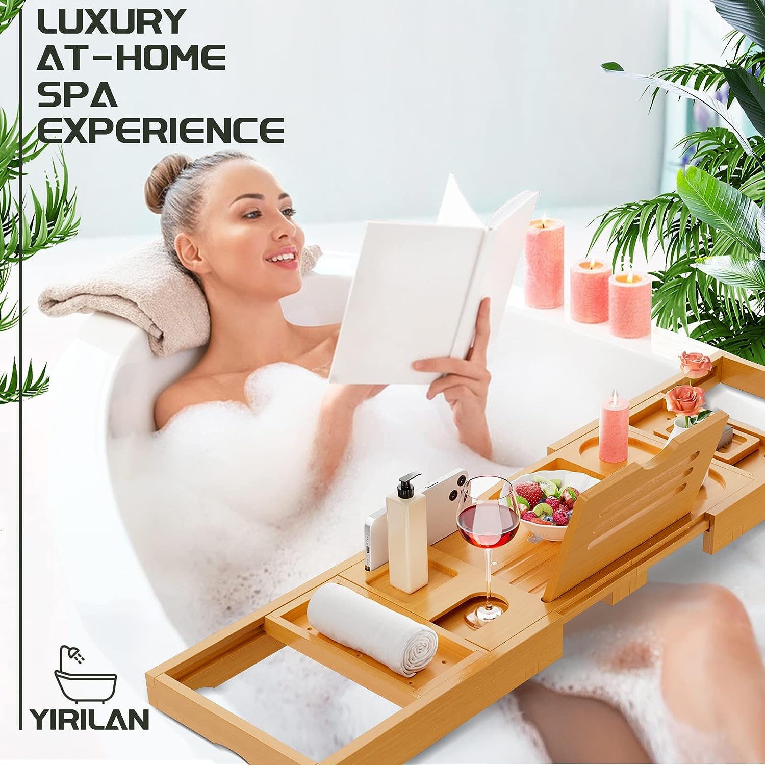 Yirilan Premium Bathtub Tray Caddy - Expandable Bath Tray - Unique House Warming Gifts, New Home, Anniversary & Wedding Gifts for Couple, Bridal Shower Gift for Women