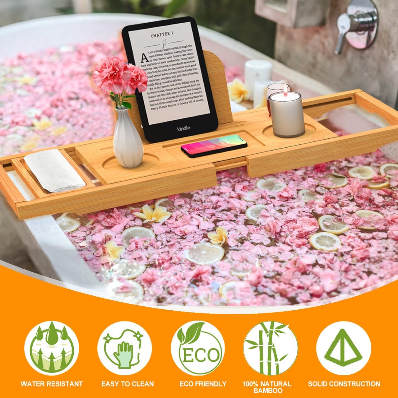 Premium Bathtub Tray Caddy - Bath Tray Bamboo Expandable - Bath Tub Tray Table for Bathtub - Expandable Size, Fits Most Bath Tubs
