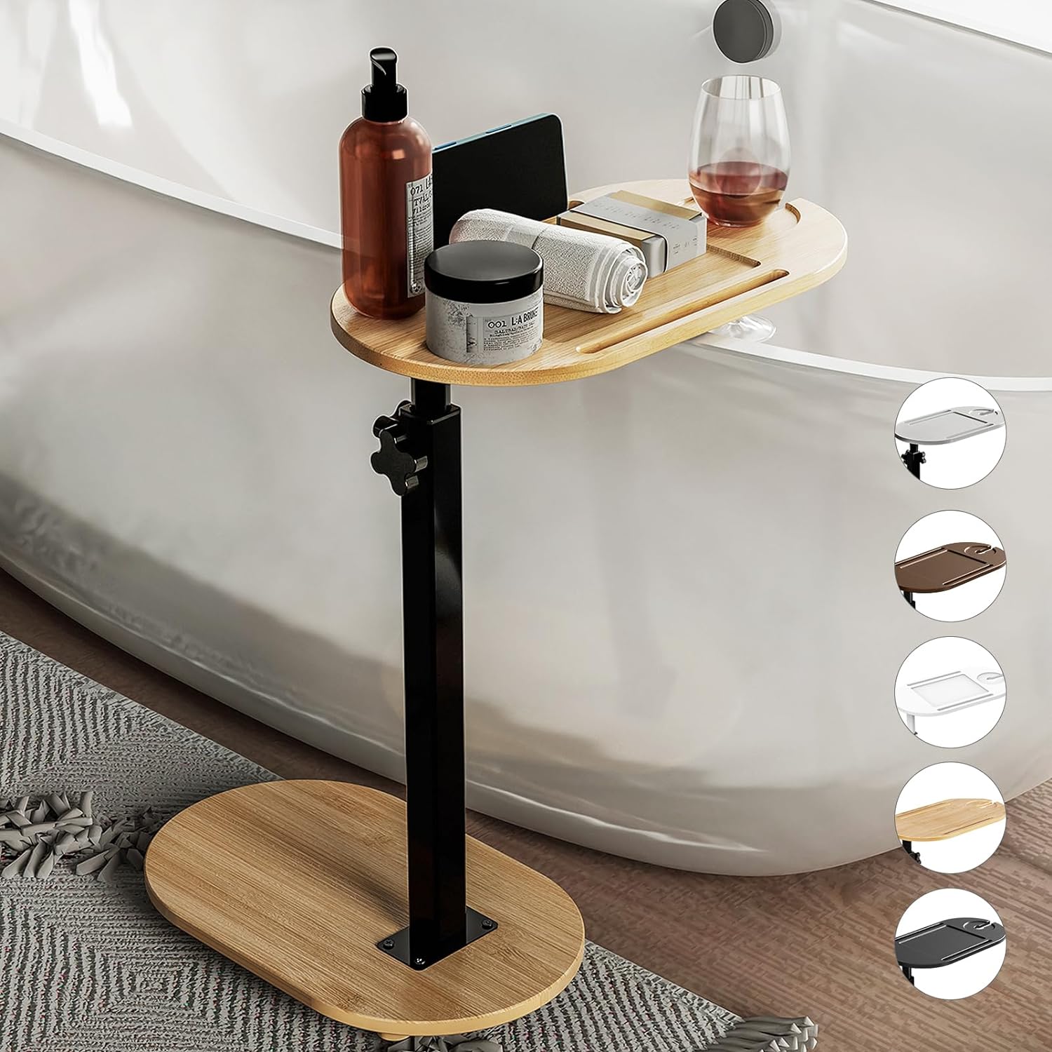 Yumkfoi Bamboo Bathtub Tray Table with Adjustable Height, Freestanding Bathtub Caddy for Tub Against Wall, Tub Organizer Suitable for Luxury Spa and House Warming Gift - Patent Protected (Black)