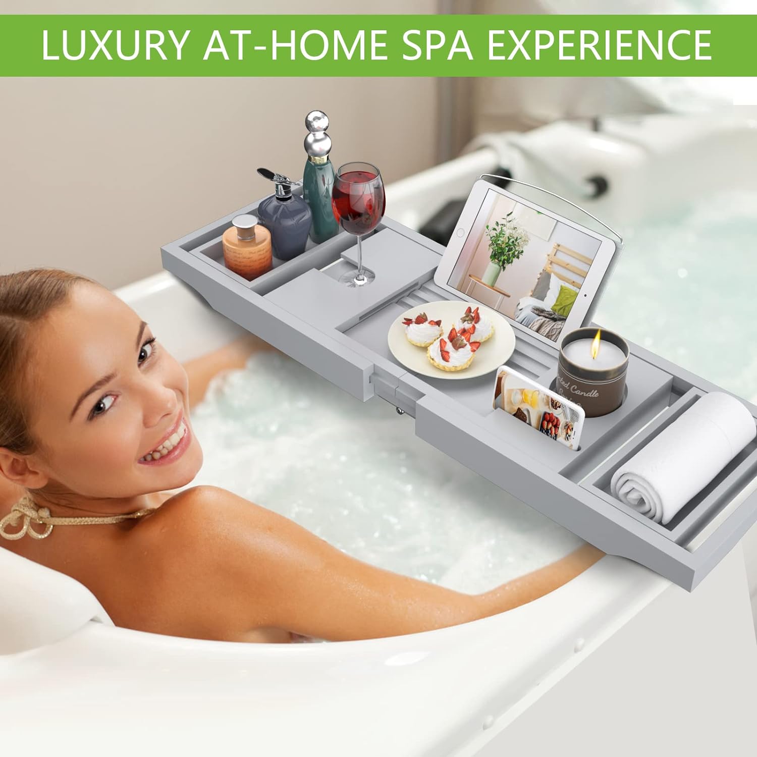 Artmalle Bathtub Caddy Tray for Tub,Foldable Bamboo Bath Table Tray with Book and Wine Glass Holder, Expandable Bathroom Accessories with Free Soap Dish Suitable for Luxury Spa or Reading