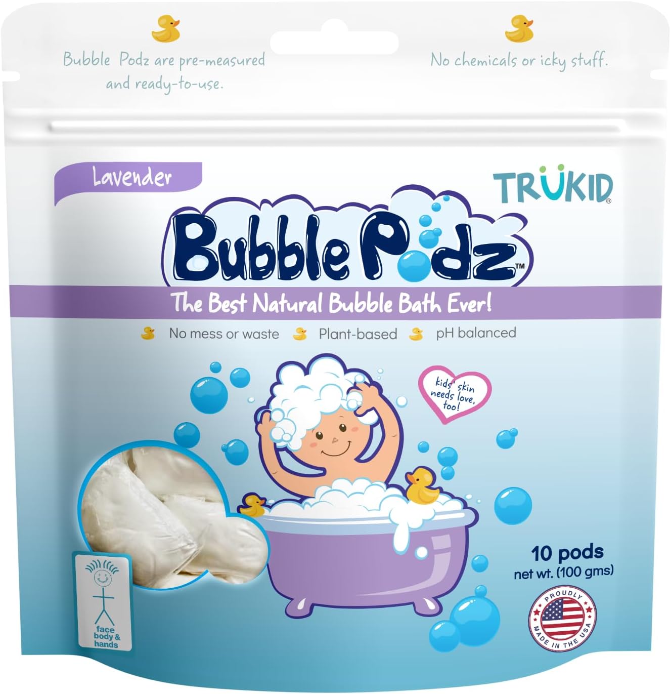 TruKid Bubble Podz for Baby, Refreshing Bubble Bath for Dry, Sensitive & Soft Skin, pH Balanced for Eye Sensitivity, Enriched with Lavender Flower, Lavender Scent, All Natural Ingredients (24 Podz)