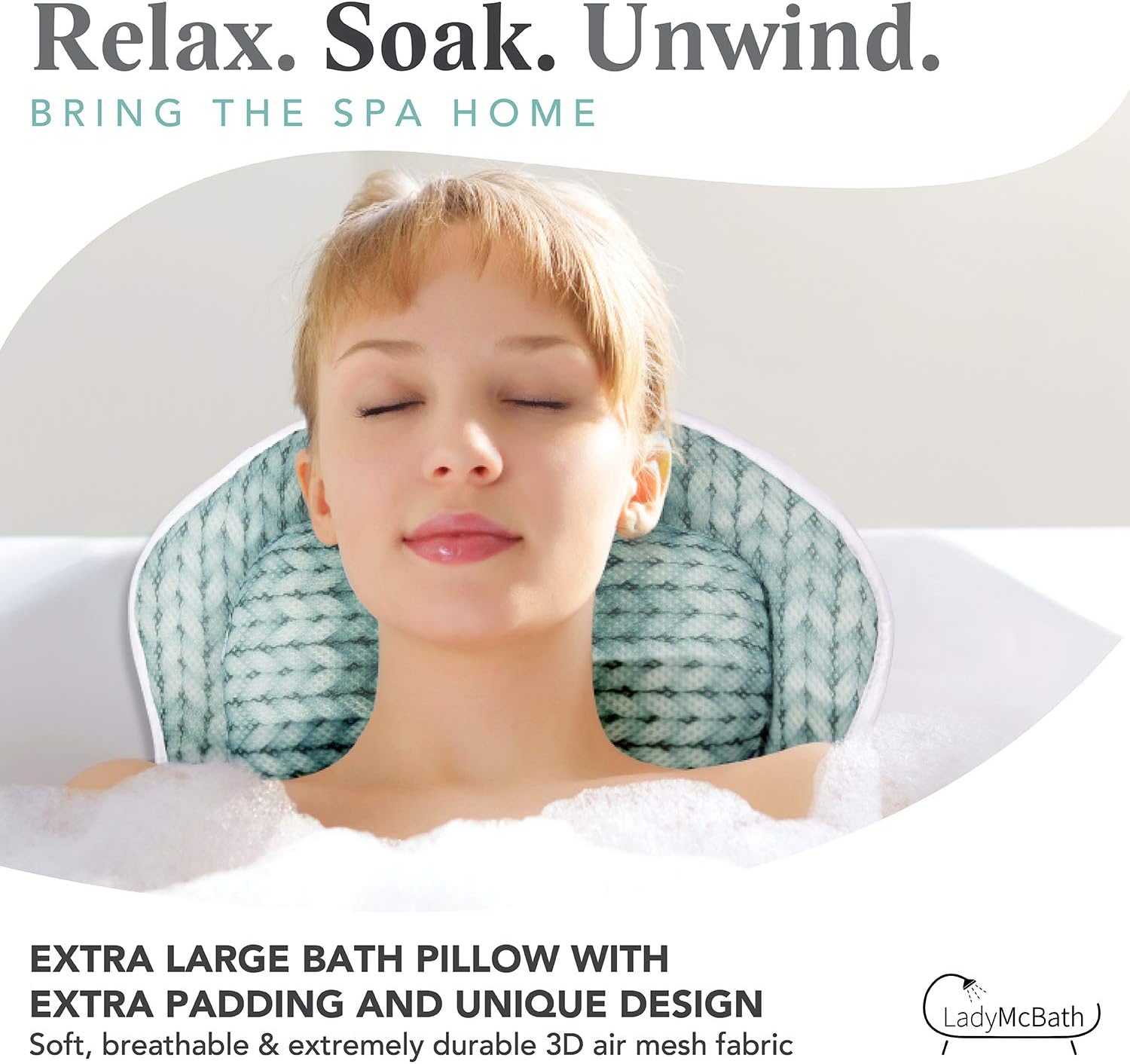 Lady McBath Bath Pillow - Luxury Bath Pillows for Tub Neck and Back Support - Powerful Suction Cups, Machine Washable Bathtub Accessory for Relaxation (Turquoise)