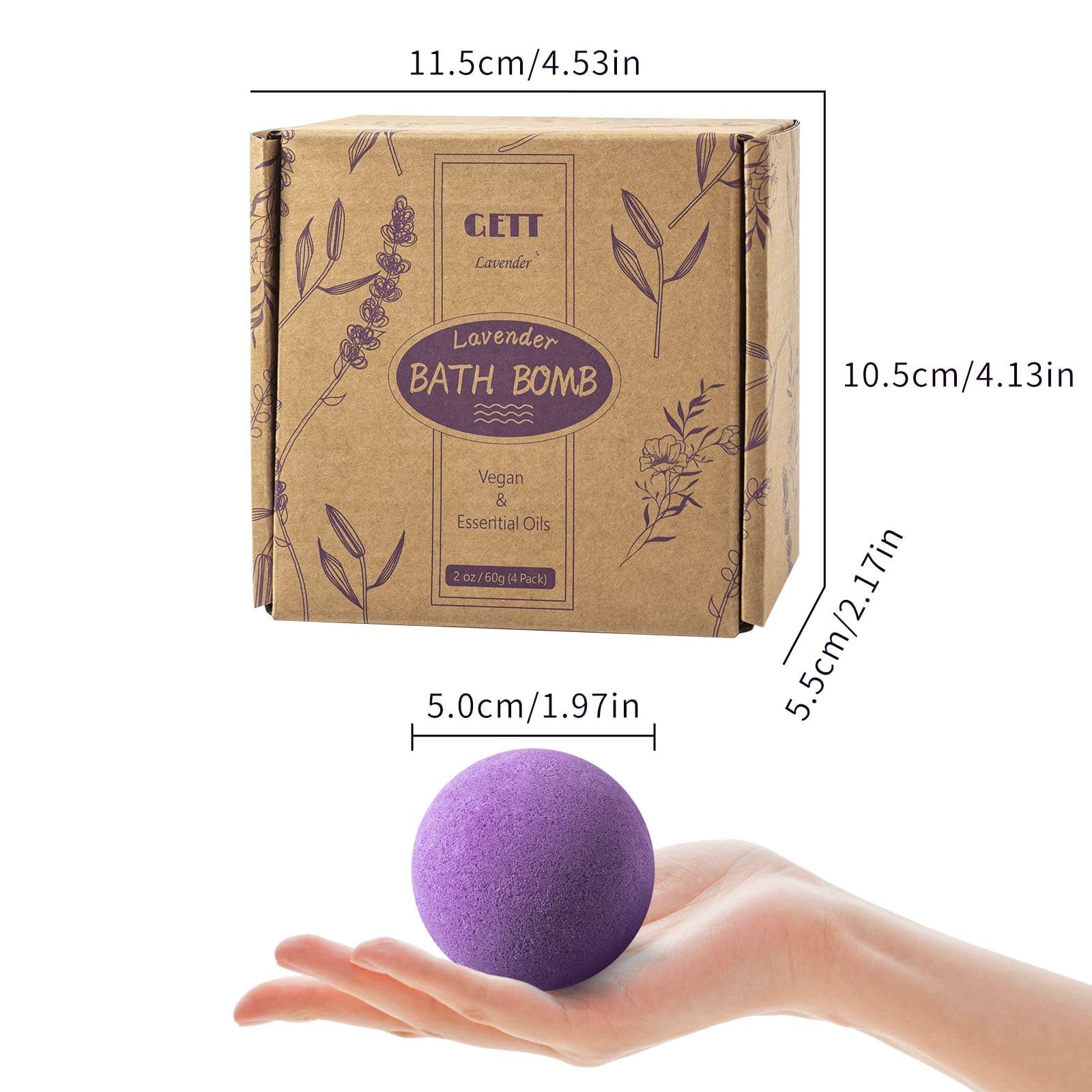 GETT Lavender Bath Bombs 4-pcs, Individually Wrapped Bath Bombs for Men & Women, Luxury Gift Set with Vegan and Essential Oils, Relaxing and Moisturizing Bubble Bath, Organic Bath Essentials for All