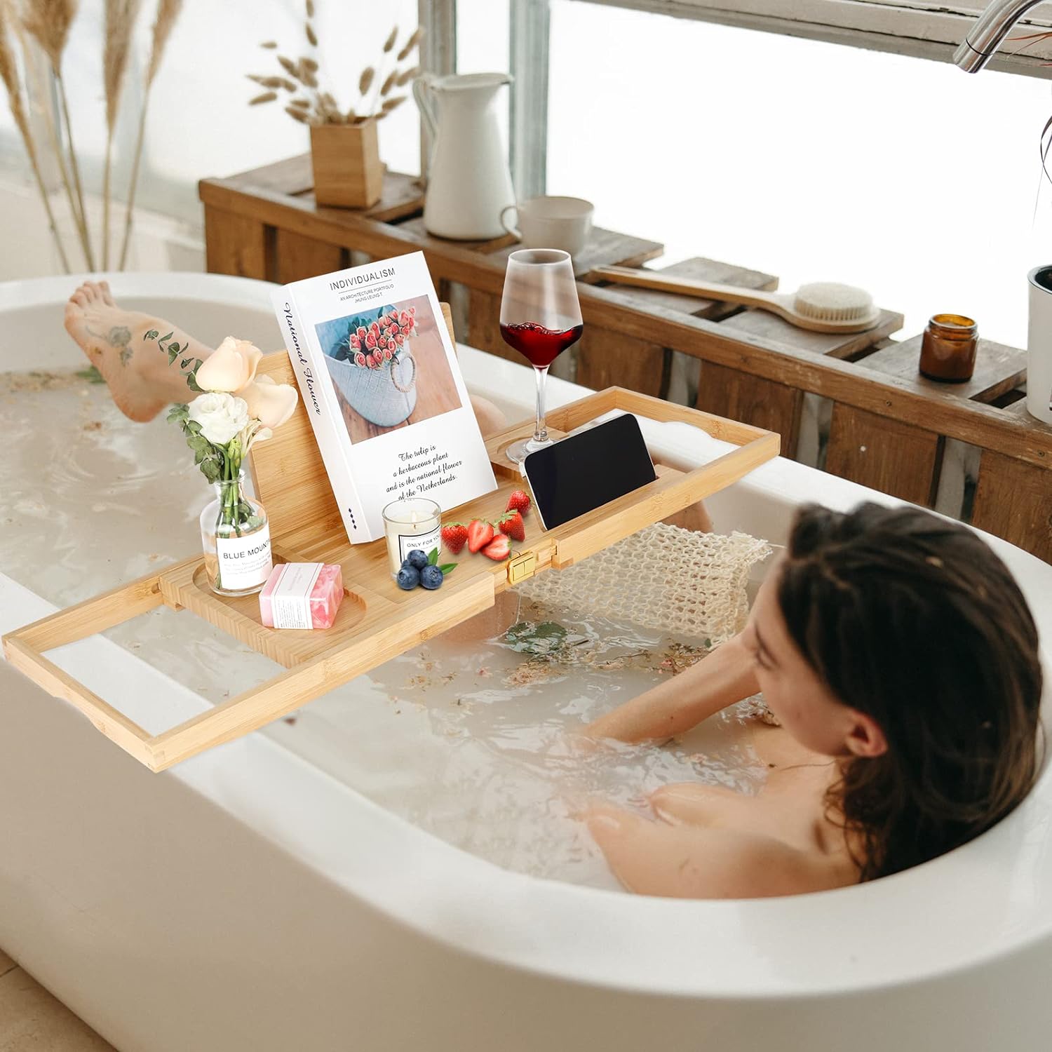 HMGDFUE Bamboo Bathtub Tray for Luxury Bath,Foldable Expandable Bath Tray for Bathtub Bath Tub Tray Table with Wine Glass Holder and Phone Book Holder for Couples Wedding Gifts for Mom Women