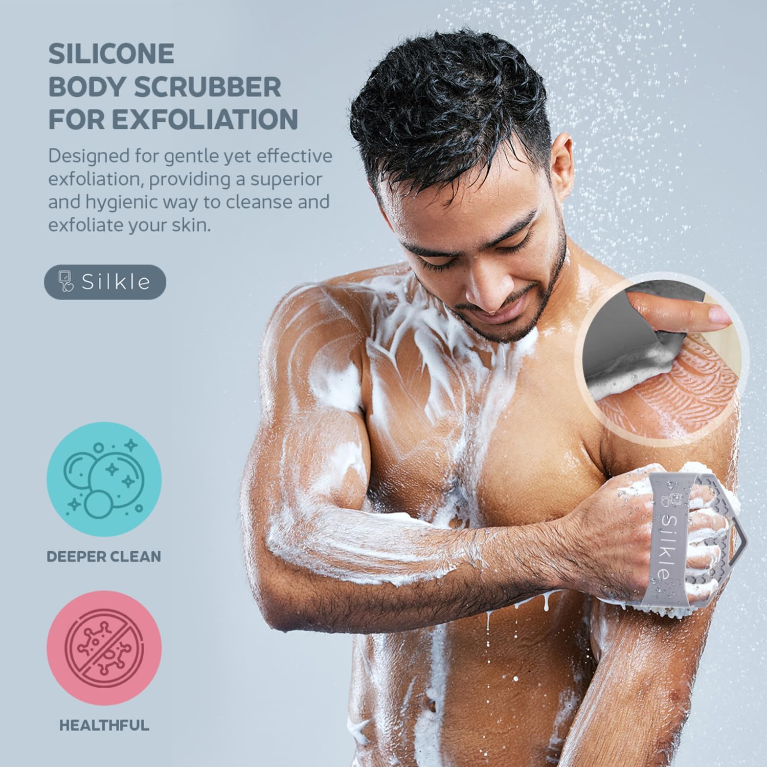 SILKLE Silicone Body Scrubber - Exfoliating Bath Brush and Skin Cleanser - Shower Sponge for Gentle Body Scrub and Wash - Silicone Scrubbing Care Tool for a Refreshed and Renewed You - Pink