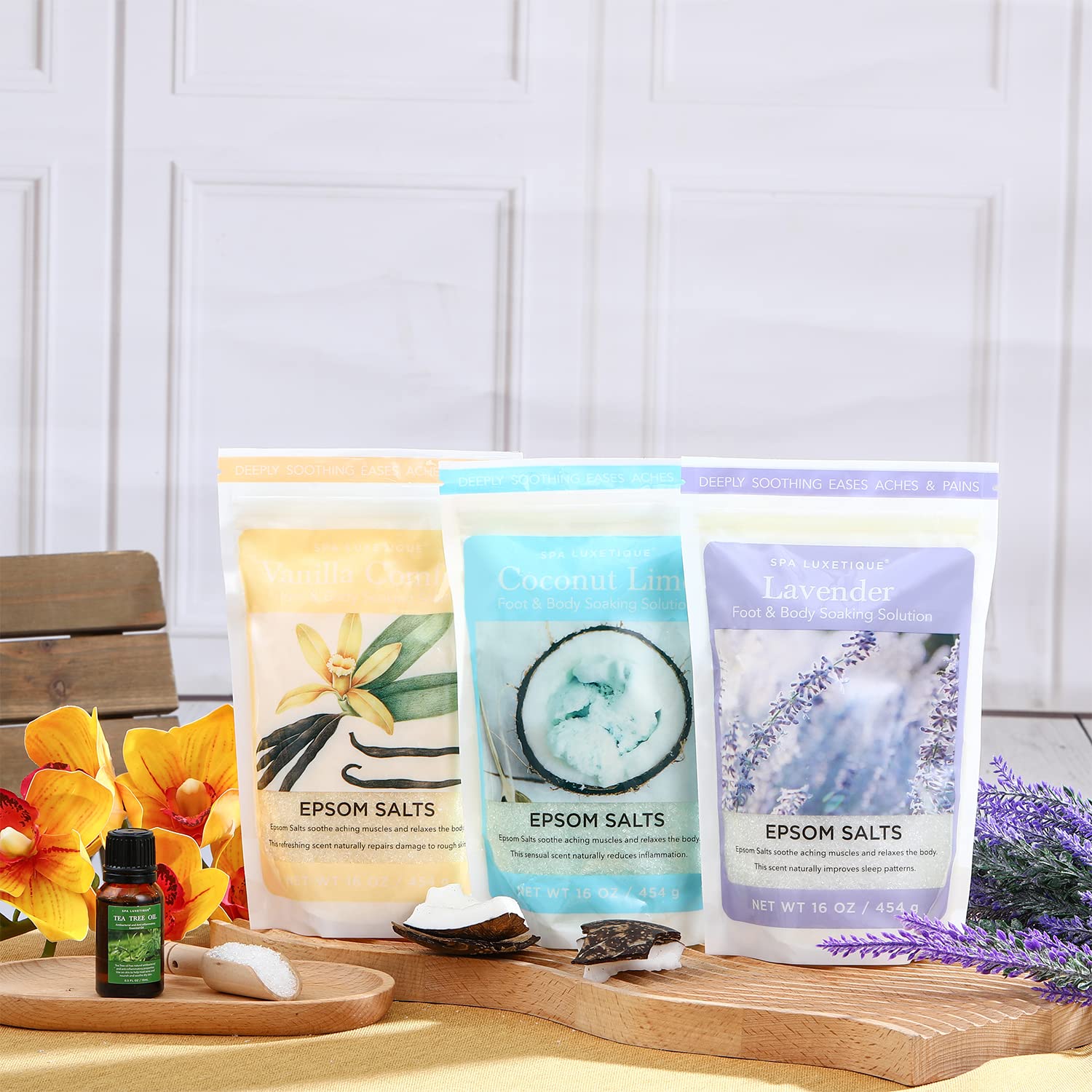 Epsom Salts for Soaking, Spa Luxetique Bath Salts for Women Relaxing Gifts Set with Lavender, Vanilla and Coconut Scent Bath Set with Tea Tree Oil Gifts for Mom Christmas Gifts