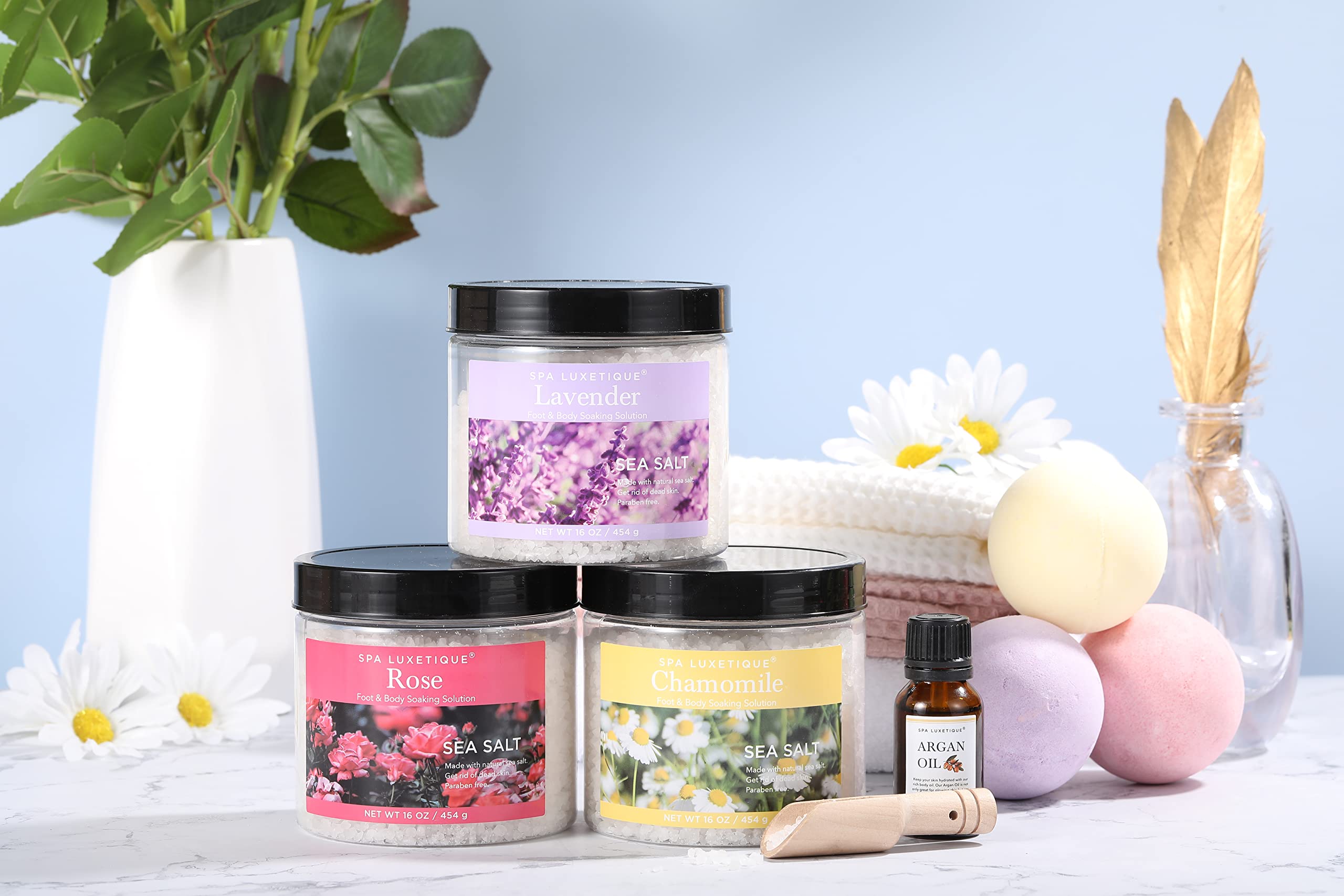 spa luxetique Bath Salts, 8pcs Bath Salts Gift Set with Argan Oil, Bath Bombs, Wooden Scoop, Epsom Salt for Soaking in Lavender, Rose, Chamomile Scent, Mother's Day Gifts