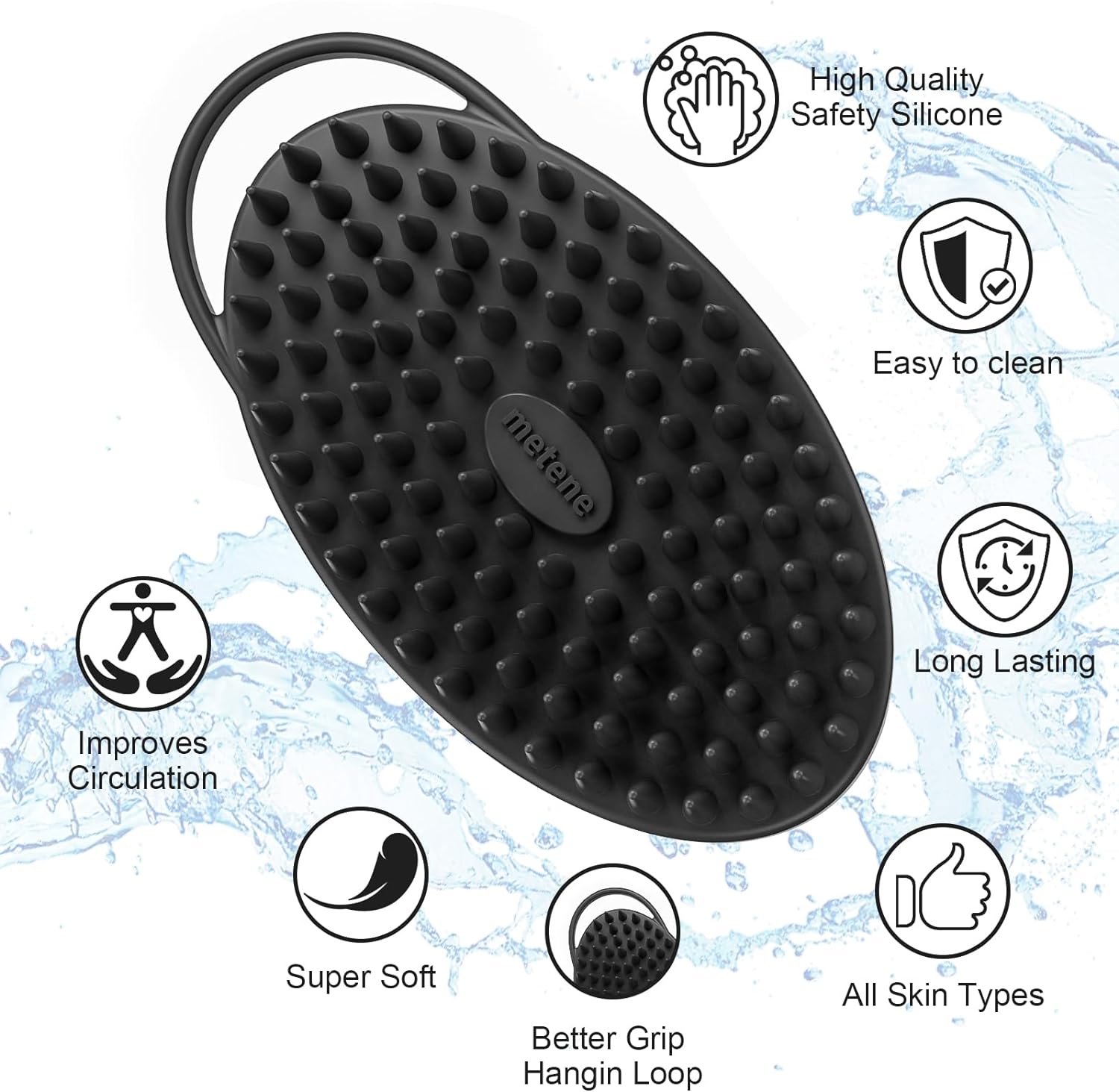 Metene Silicone Body Scrubber, Exfoliating Body Scrubber for Use in Shower,Lathers Well, Long Lasting, Soft Body Scrubber for Shower and Bath Skincare Routine(Black with Loop)