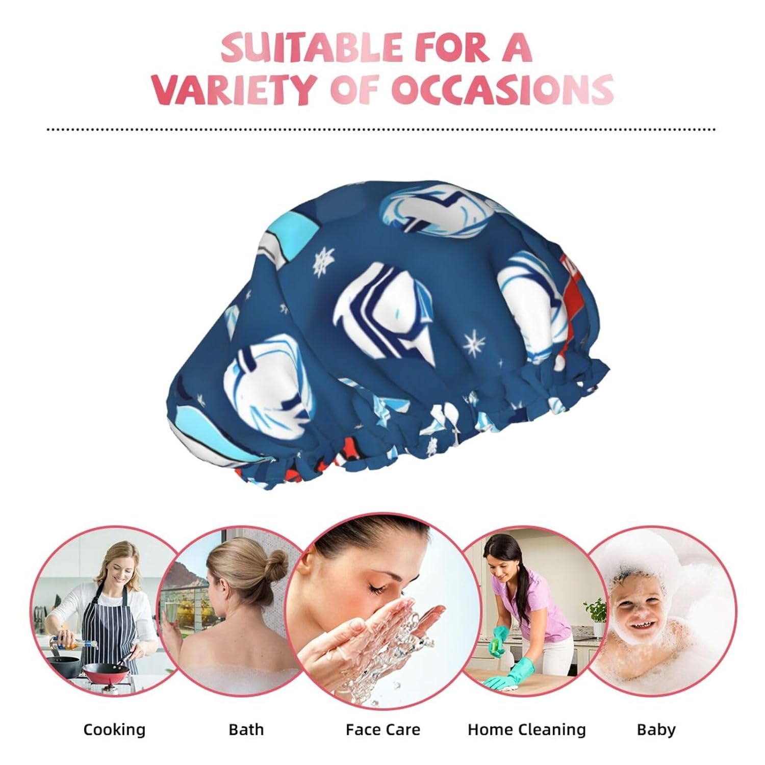 Ice Hockey print Print Reusable Shower Cap for Women,Double Waterproof Layers Bathing Hat,Quick Drying Bath Hair Cap
