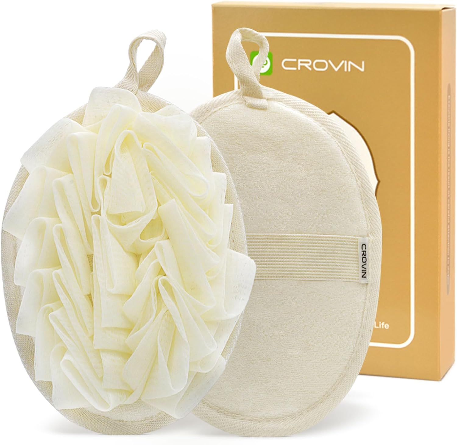 CROVIN Shower Puff 4 Pack Bath Sponge Shower Loofahs Pouf Large 7x5 Premium Exfoliating Mesh Puffs for Men and Women-Elastic Hand Strap Body Brush to Soothe, Cleanse Your Skin
