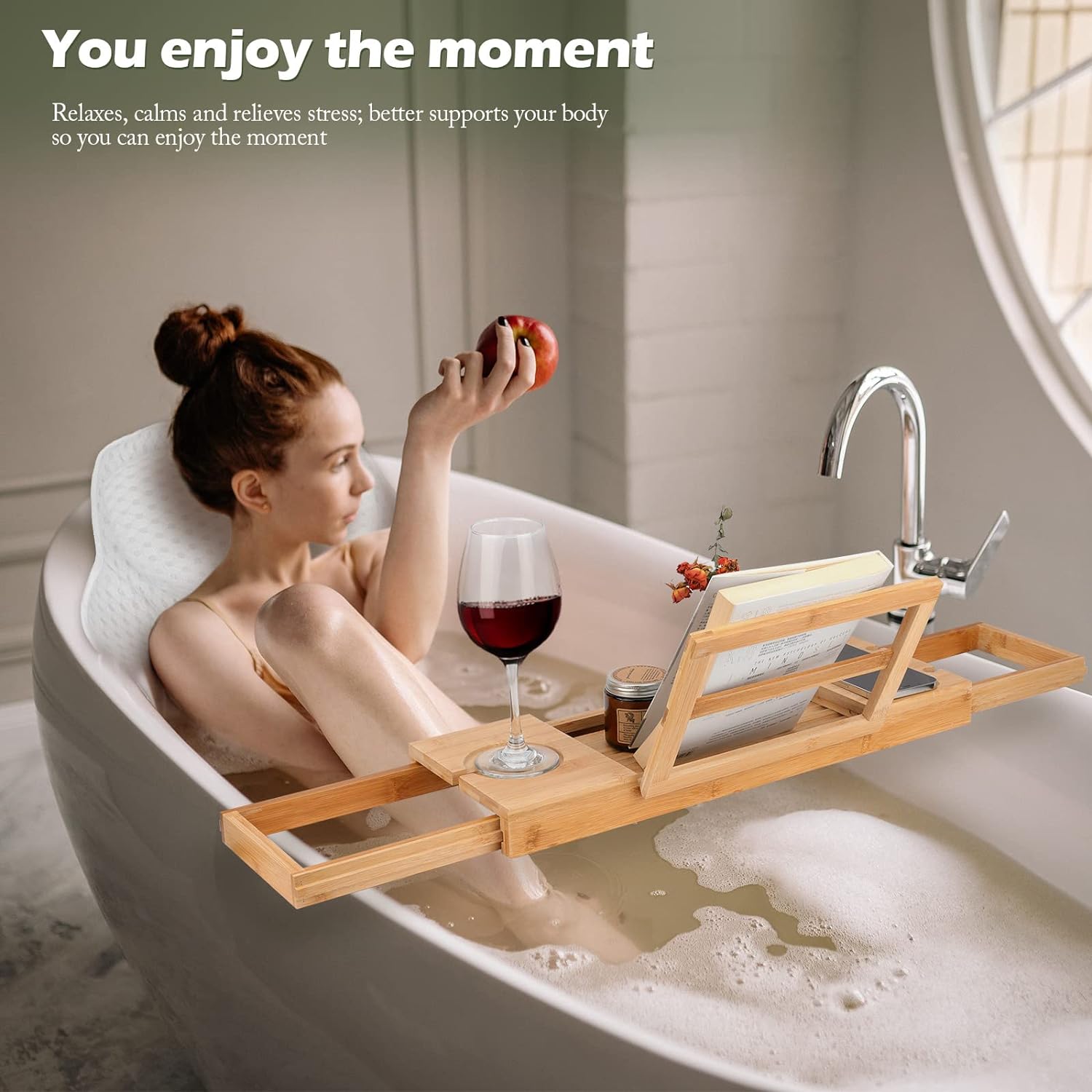 HMGDFUE Bamboo Bathtub Tray for Luxury Bath,Foldable Expandable Bath Tray for Bathtub Bath Tub Tray Table with Wine Glass Holder and Phone Book Holder for Couples Wedding Gifts for Mom Women