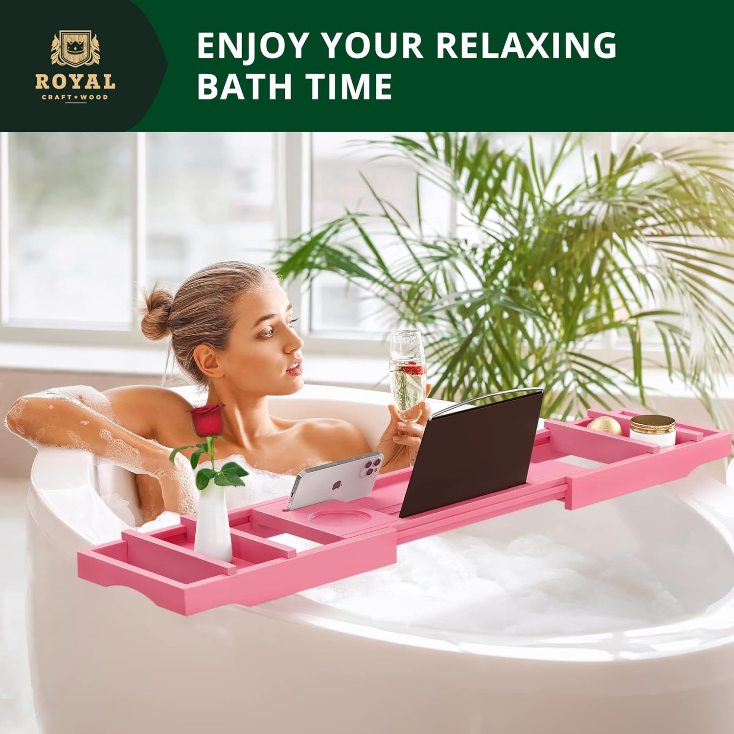 ROYAL CRAFT WOOD Foldable Bathtub Tray Caddy Bamboo Bathtub Tray Expandable, Bath Tub Table Caddy with Extending Sides - Free Soap Dish