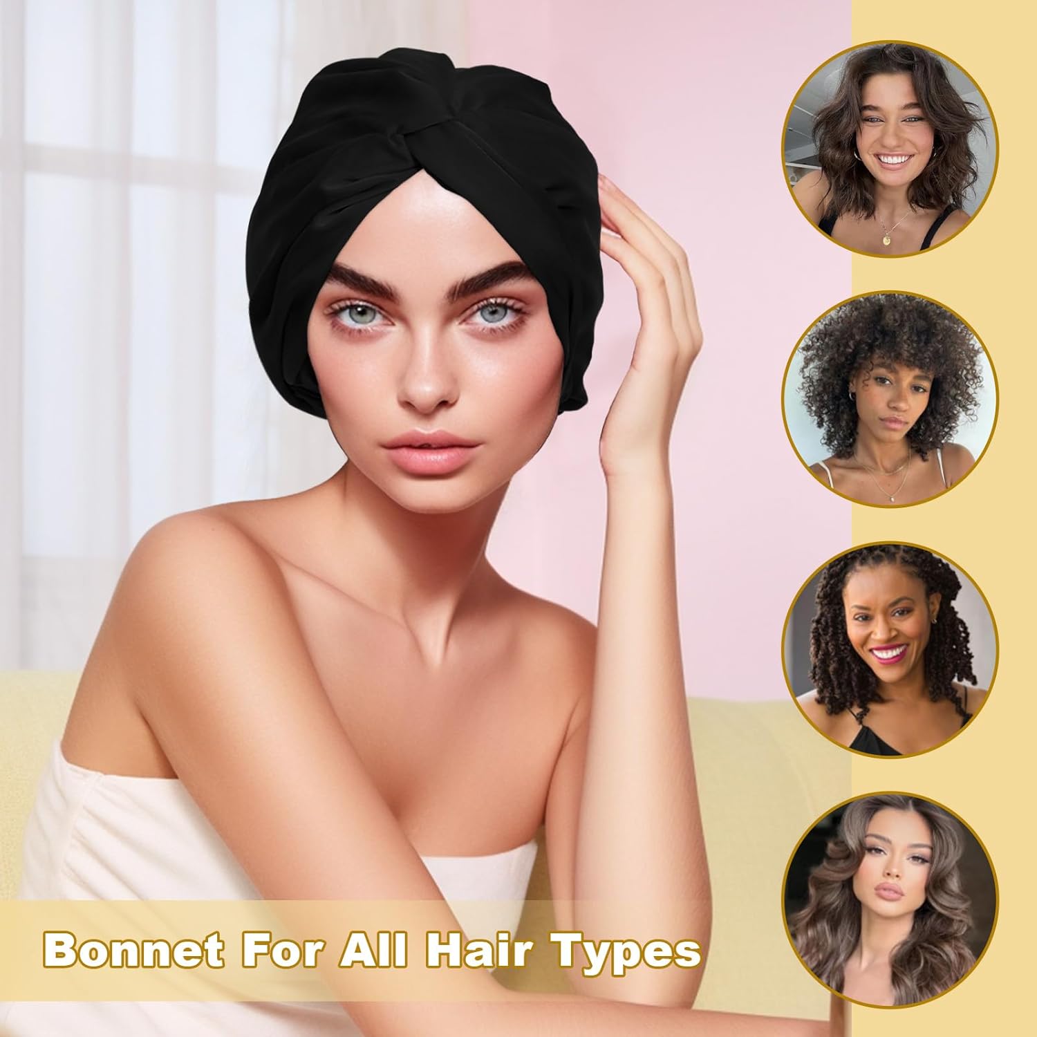 Satin Bonnet Silk Bonnet for Sleeping Women, Double-Layer Silk Hair Wrap with Elastic Band, Adjustable Shower Cap for Curly Straight Long Hair, Pink