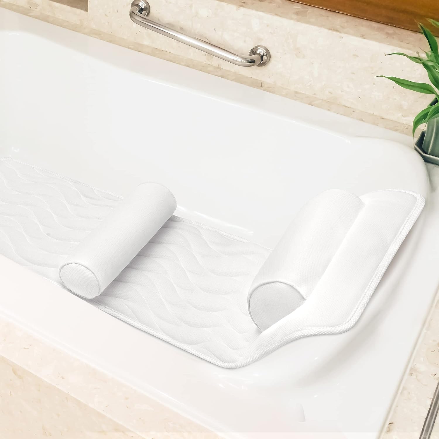 Full Body Bath Pillow, SPA Bathtub Pillow mat with Luxury Lumbar Pillow, Bathtub Pillow for Head Neck Shoulder and Back Support, Set with Shower Sponge, Cellulite Remover and Dry Skin, Gentle Massage