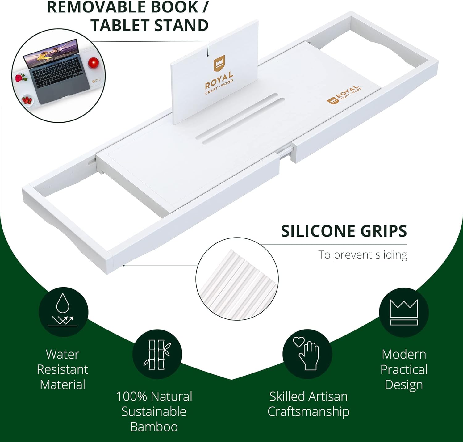 ROYAL CRAFT WOOD Foldable Bathtub Tray Caddy Bamboo Bathtub Tray Expandable, Bath Tub Table Caddy with Extending Sides - Free Soap Dish