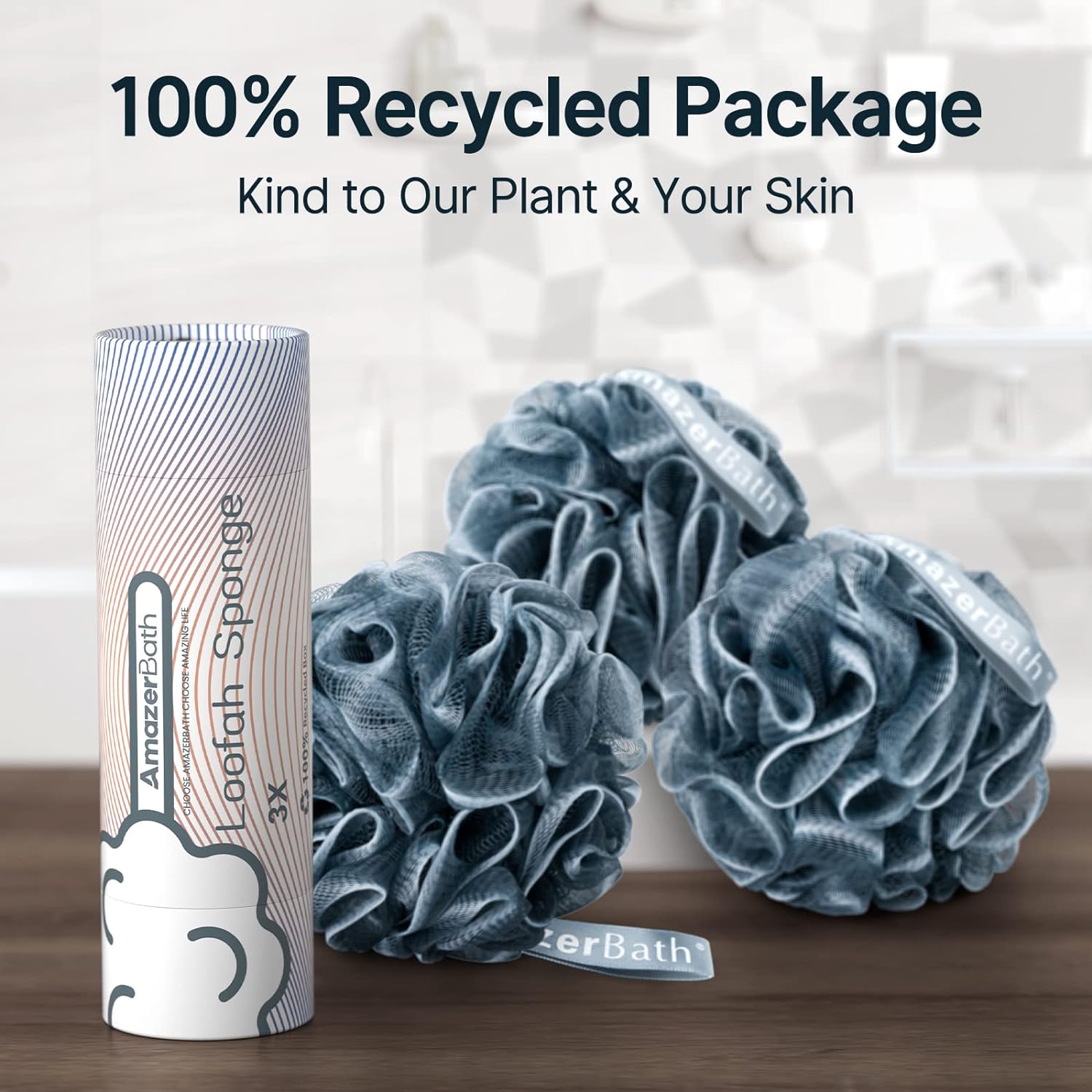 AmazerBath Loofah Sponge, Shower Loofah for Men and Women - Body Scrubber Loofa Set of 3 Classic Black & White Edge, Bath Sponge 60g/PCS