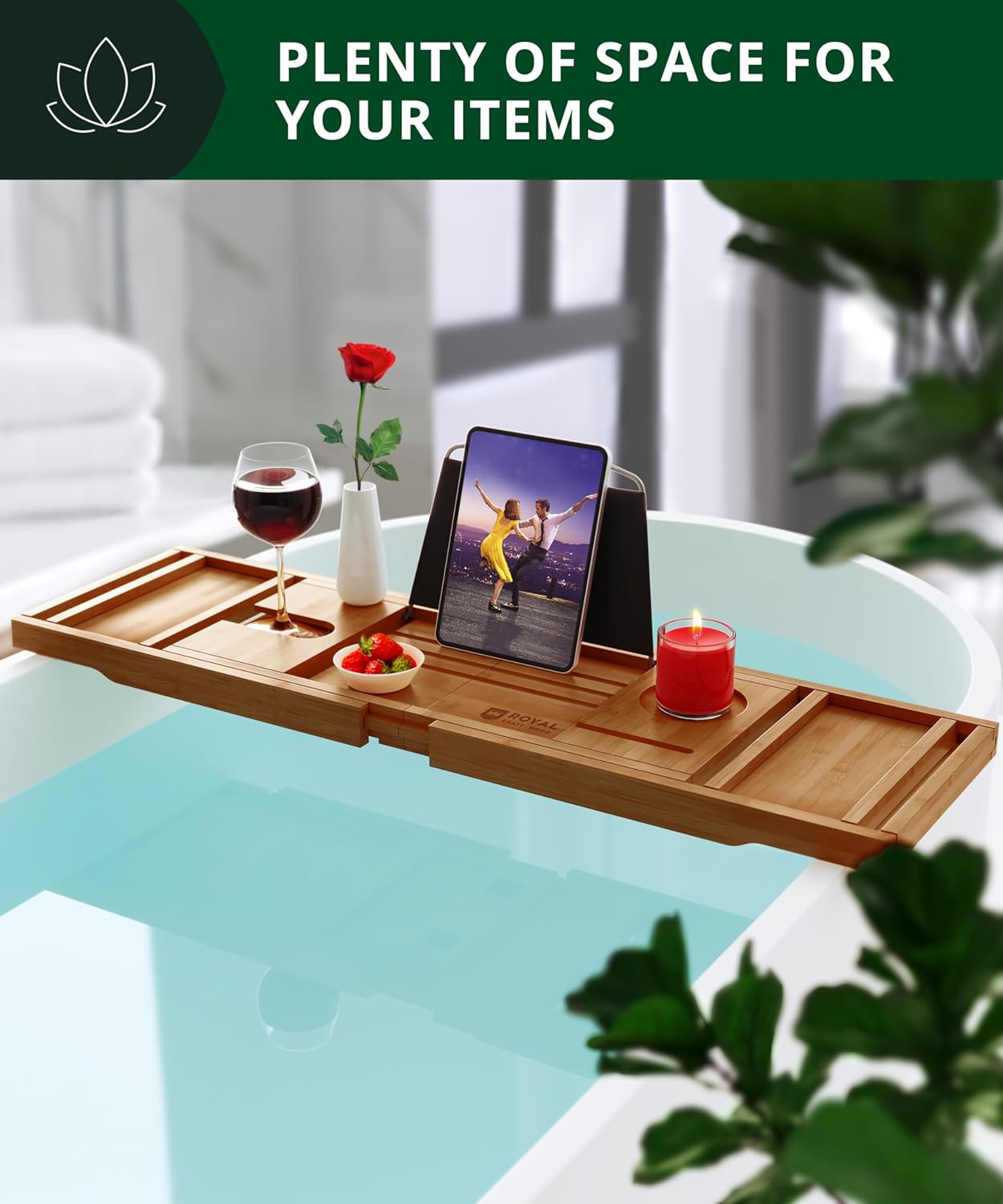 ROYAL CRAFT WOOD Foldable Bathtub Tray Caddy Bamboo Bathtub Tray Expandable, Bath Tub Table Caddy with Extending Sides - Free Soap Dish