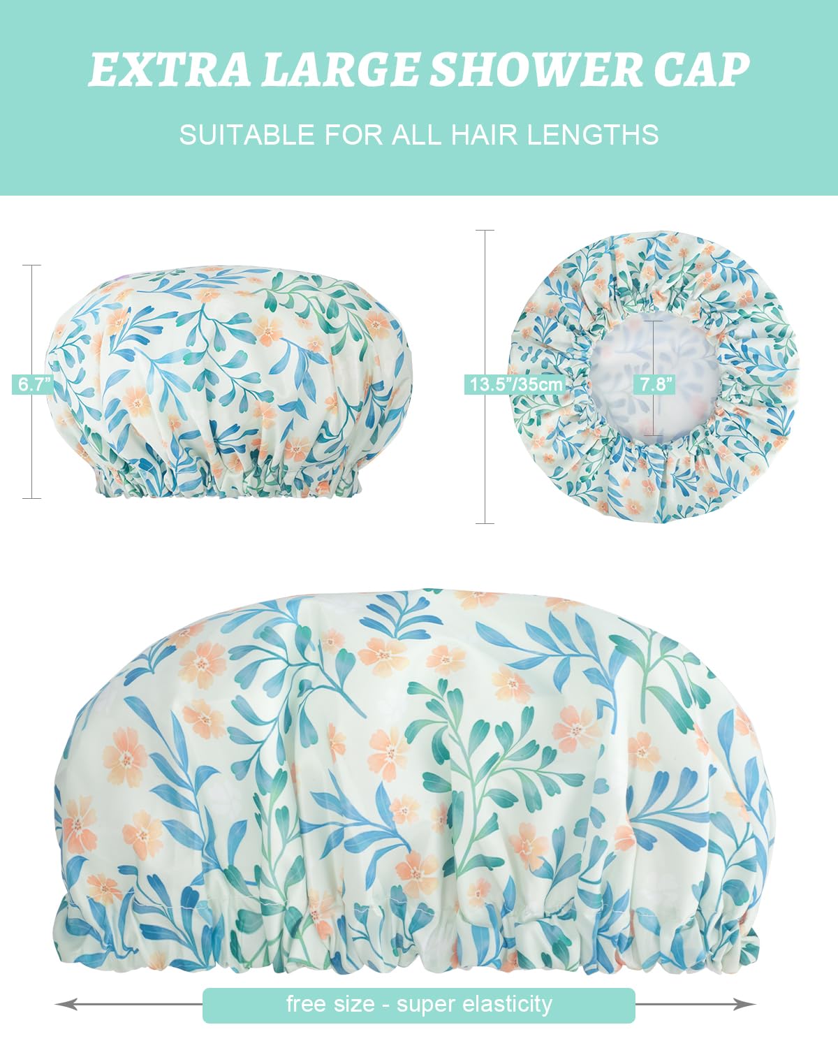 Aquior Shower Caps, Double Layer Waterproof Shower Cap for Women, Reusable Large Shower Cap for all Hair Lengths with EVA Lining, Soft Bath Shower Caps