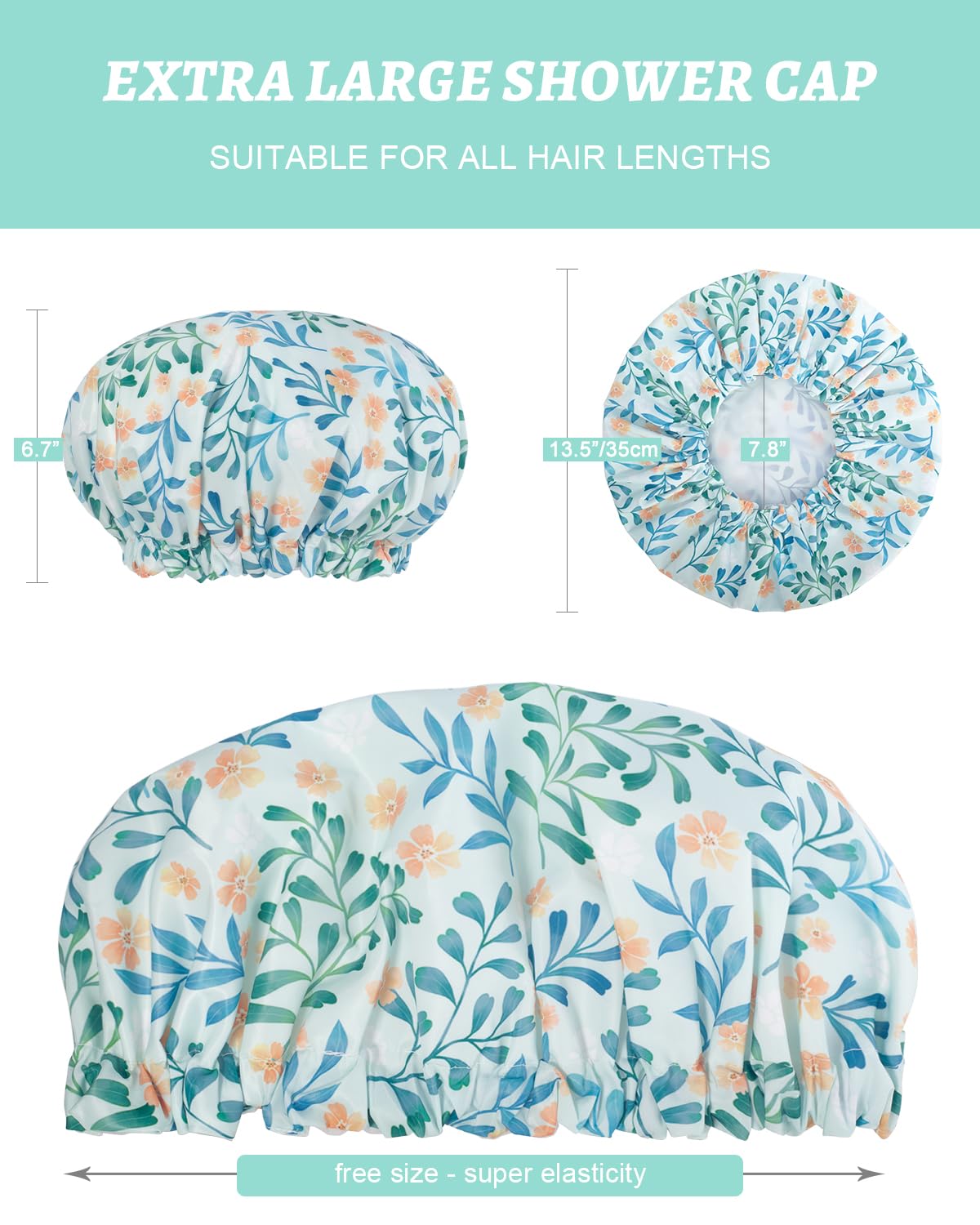 Aquior Shower Caps, Double Layer Waterproof Shower Cap for Women, Reusable Large Shower Cap for all Hair Lengths with EVA Lining, Soft Bath Shower Caps